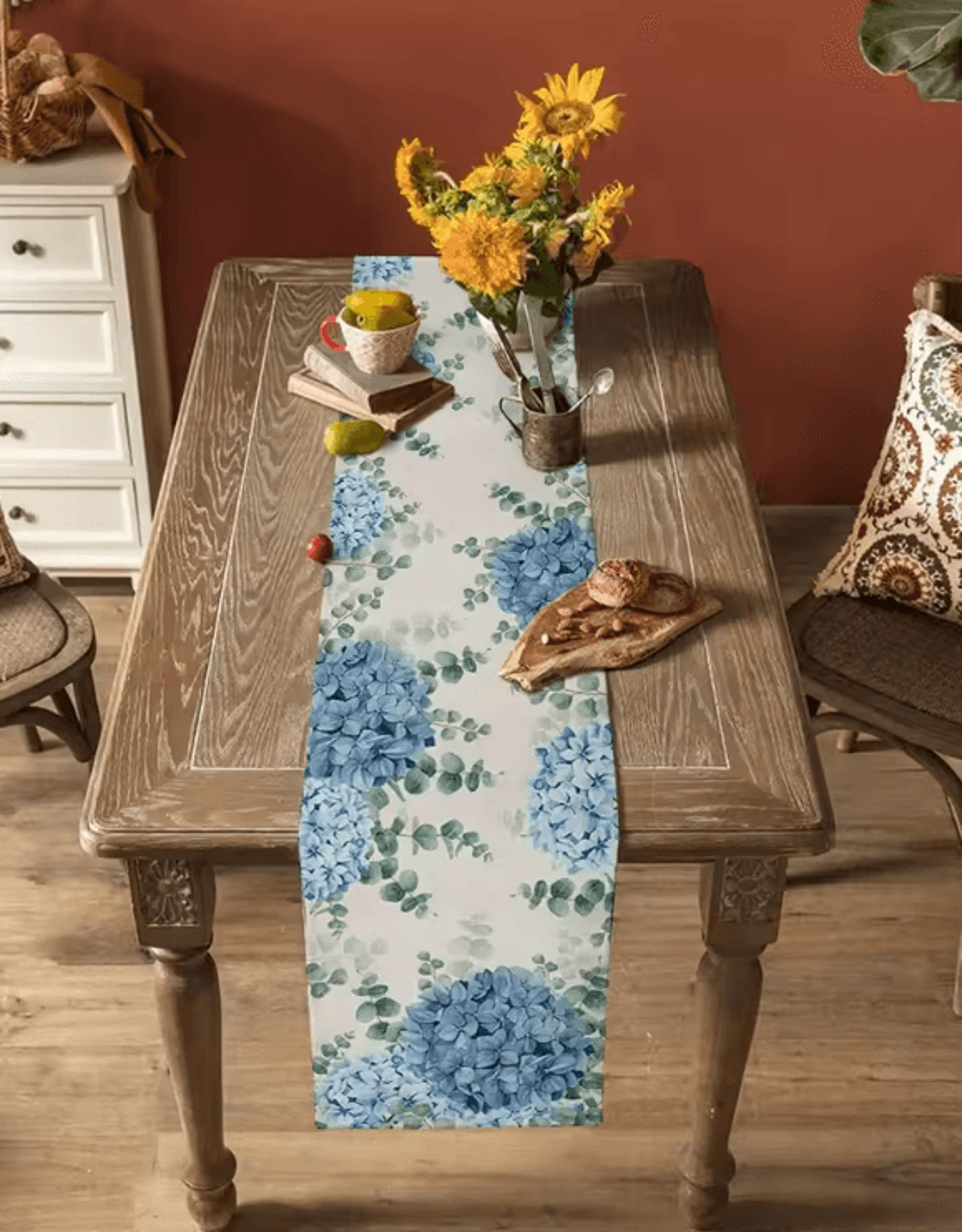 Blue Hydrangea Eucalyptus Linen Table Runner  Elegant Hydrangea Table Runner For Farmhouse  Wedding 2