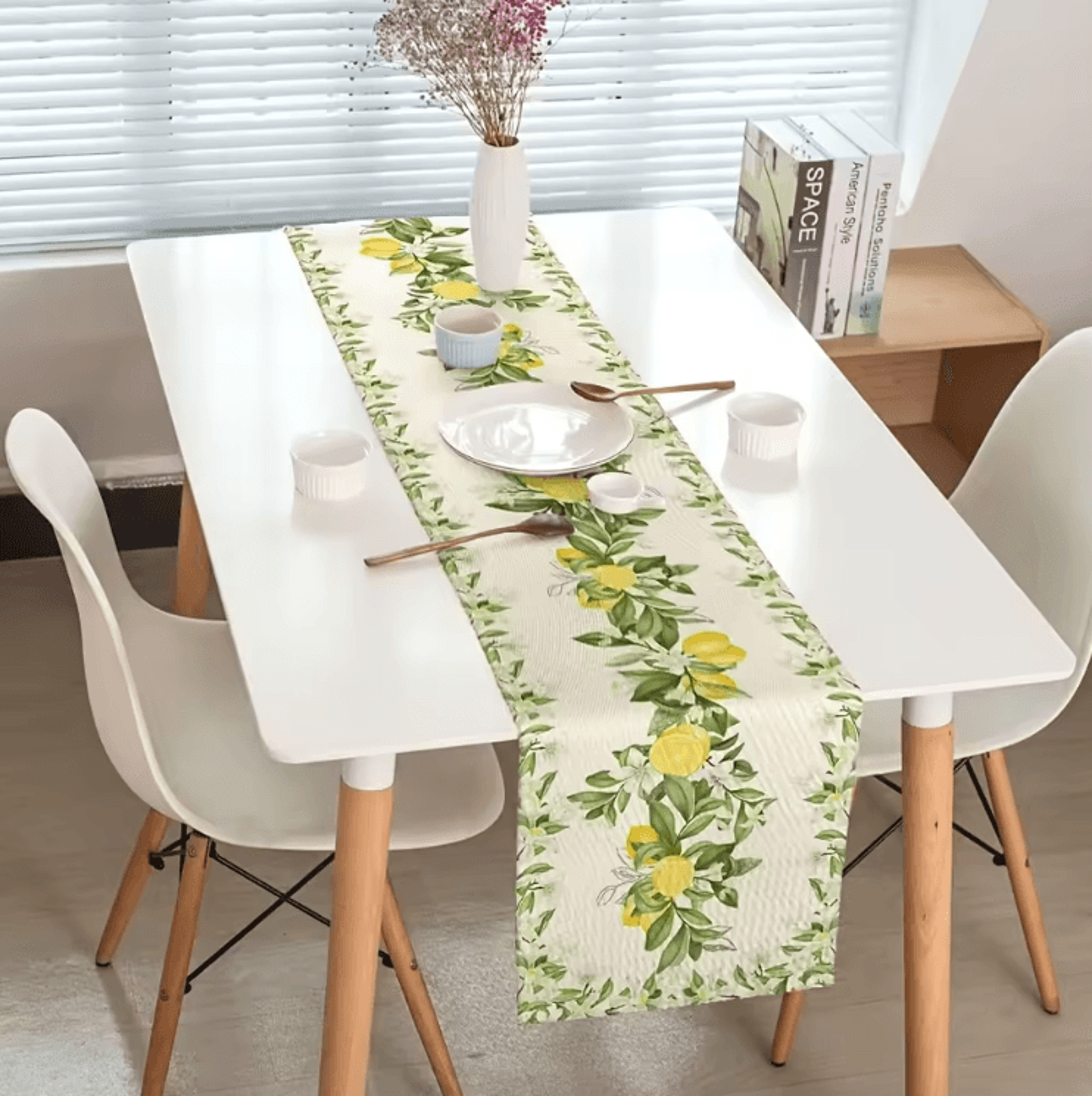 Fresh Lemon Blossom Linen Table Runner  Bright Lemon Table Runner With Floral Leaves For Summer Far 1