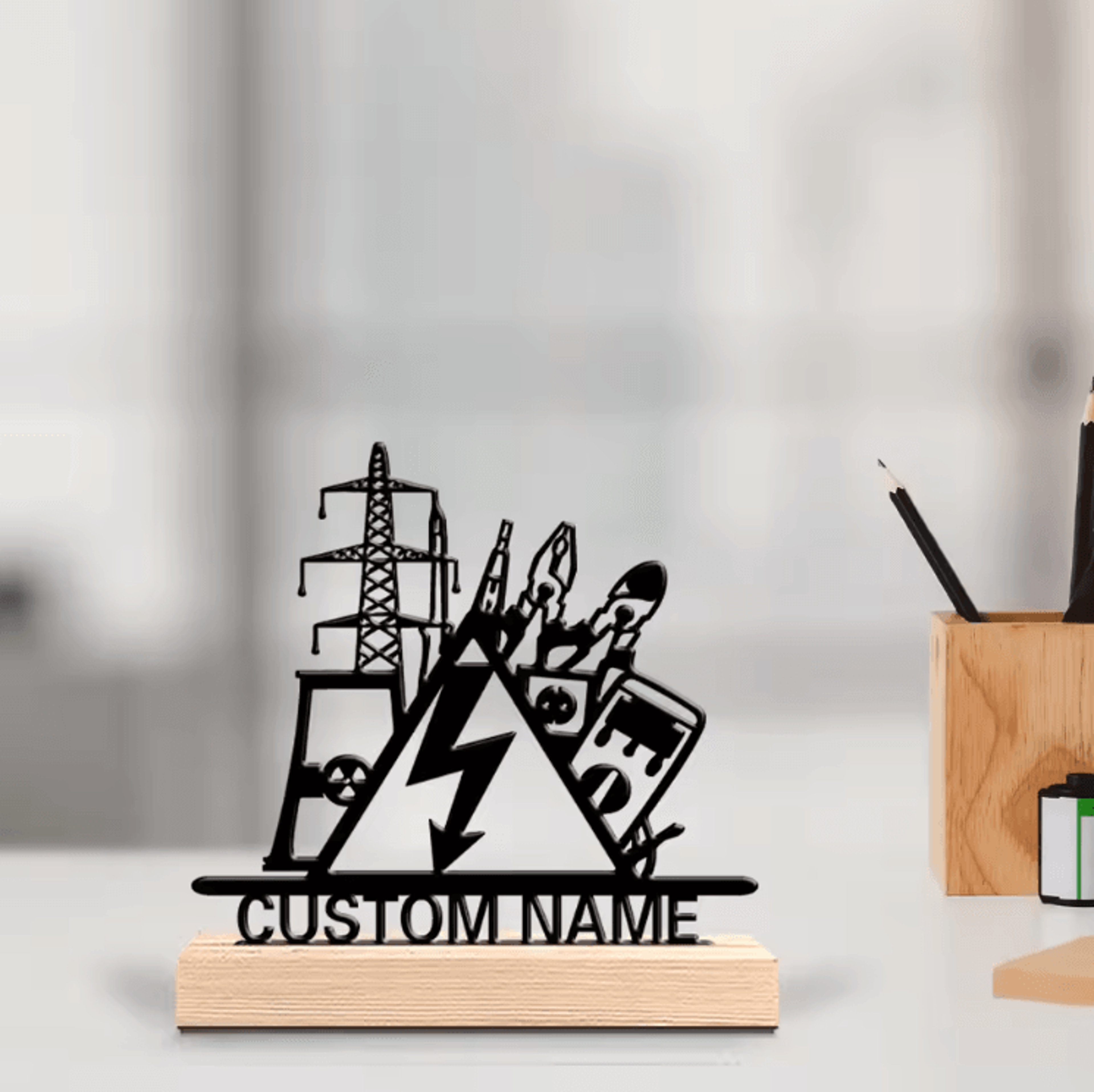 personalized electrical engineer metal sculpture – custom electrical engineer desk decor with wooden base