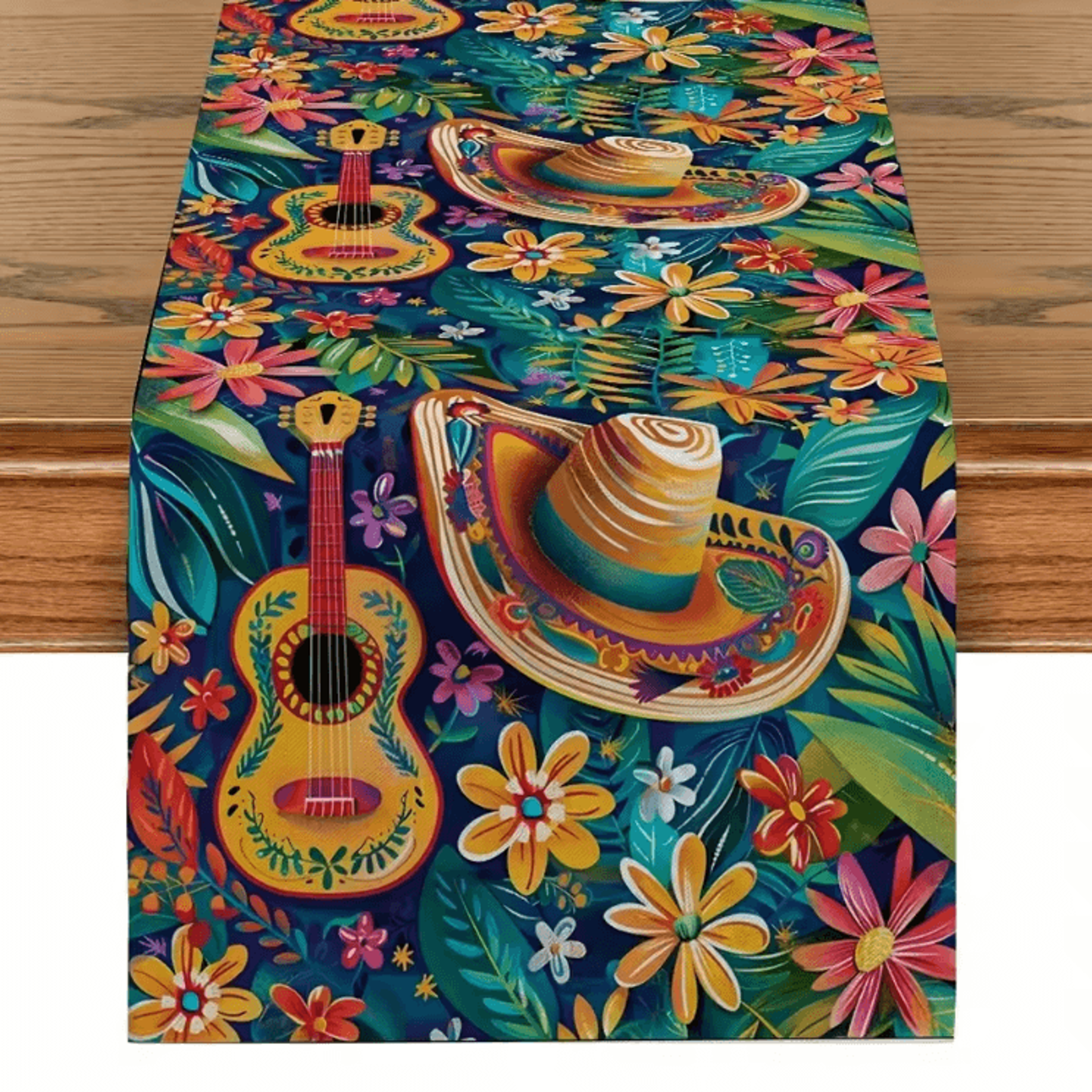 vibrant mexican fiesta table runner – colorful cactus & day of the dead linen decor