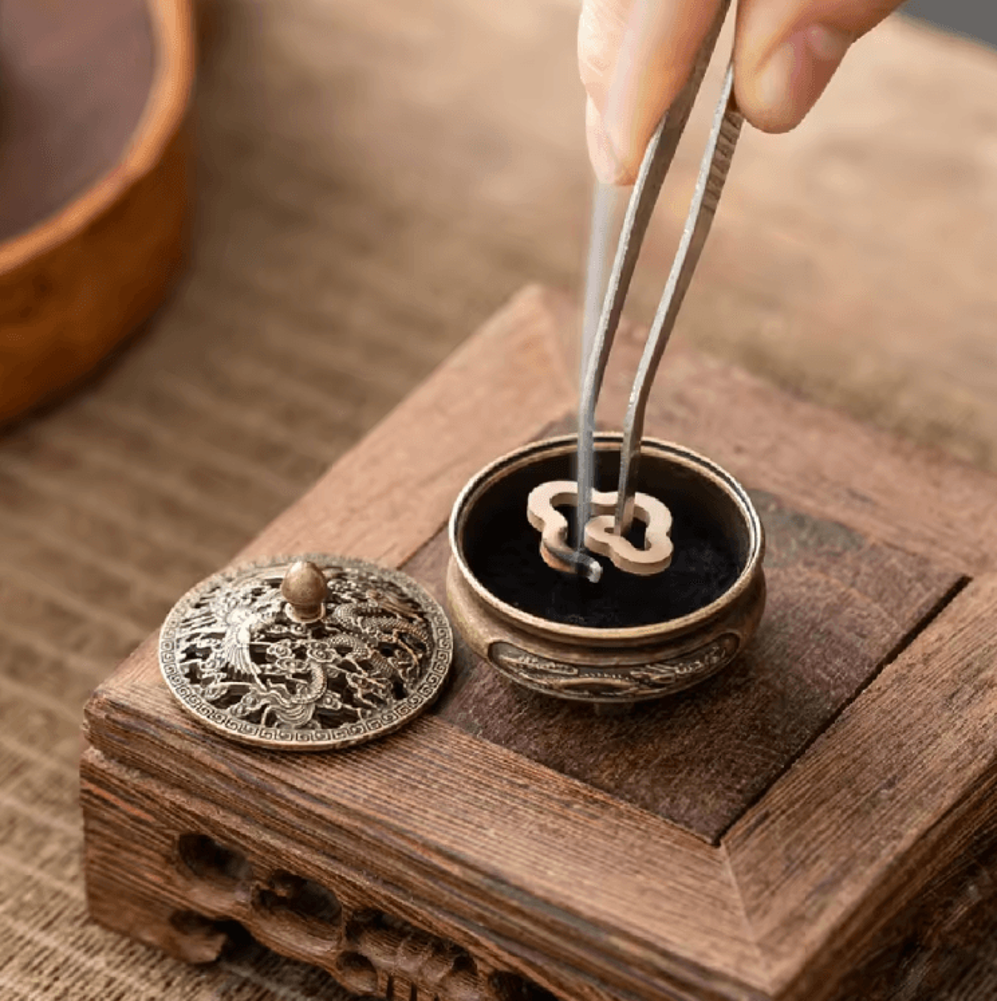 antique brass dragon & phoenix incense burner – mini feng shui tea table decor