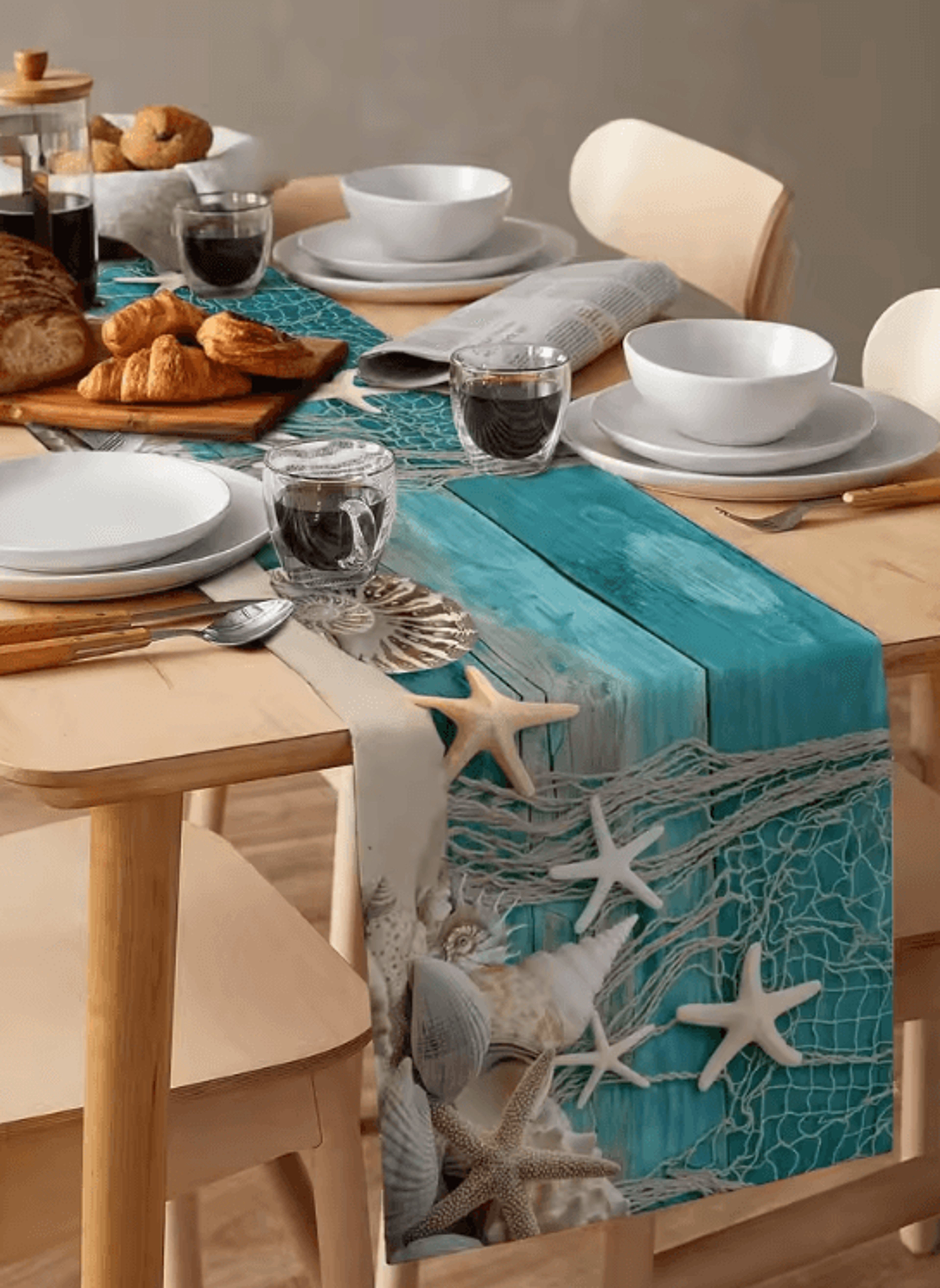 Coastal Starfish Linen Table Runner  Blue Ocean Beach Dining Decor 4