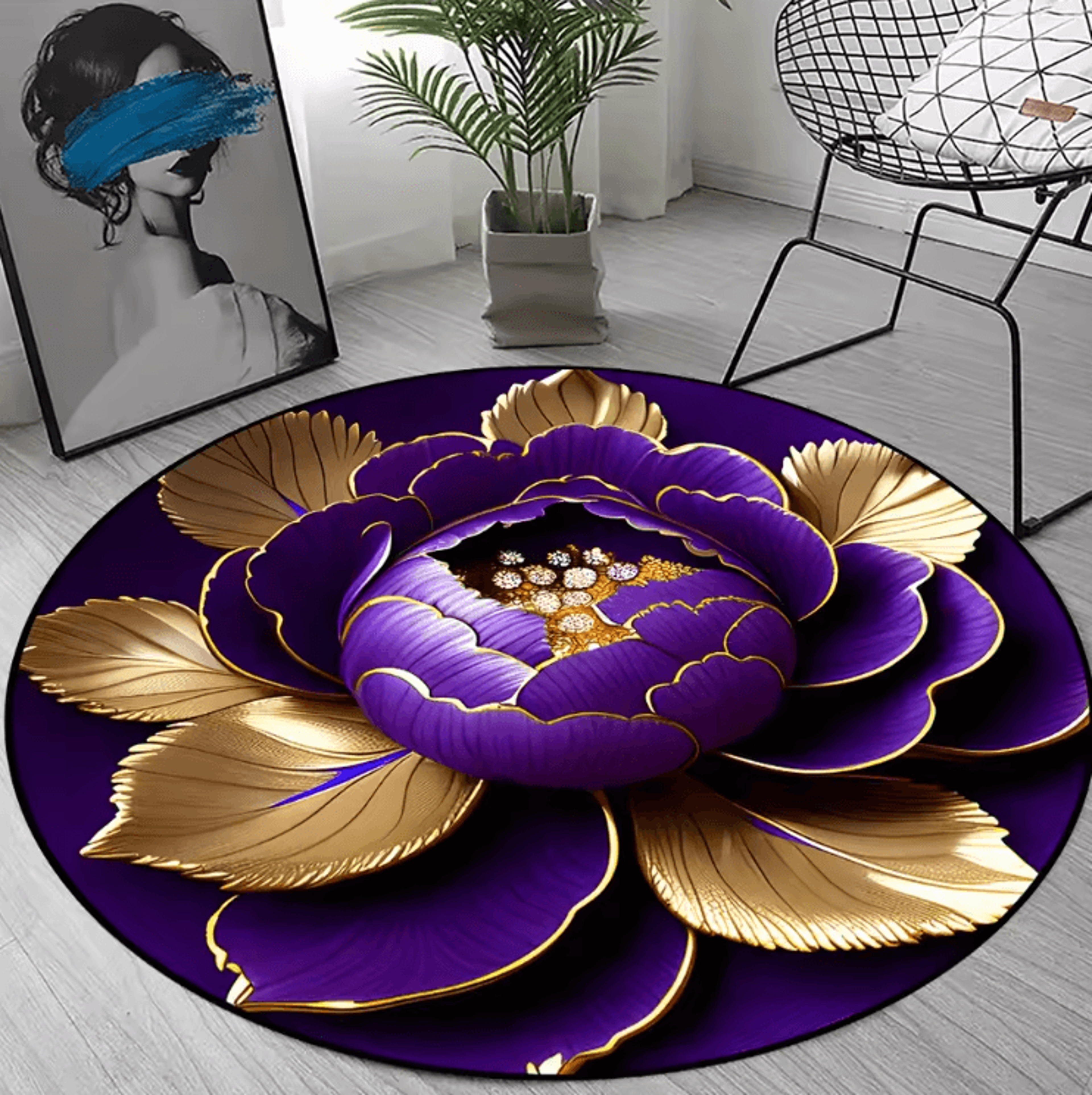 Purple Gold Peony Round Rug  Washable Floral Carpet For Elegant Home Decor 3
