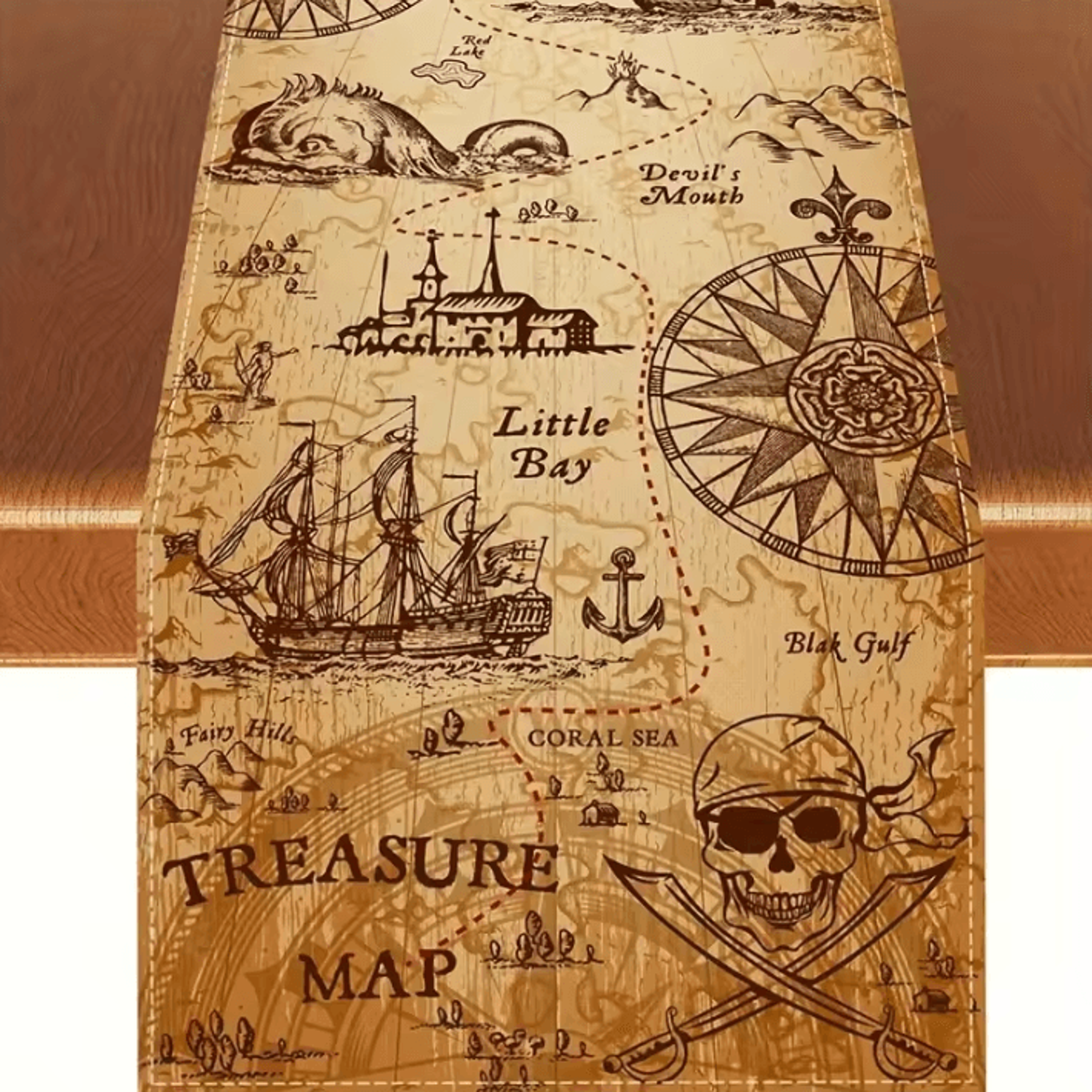 indiana jones pirate treasure table runner – adventure-themed linen dining decor