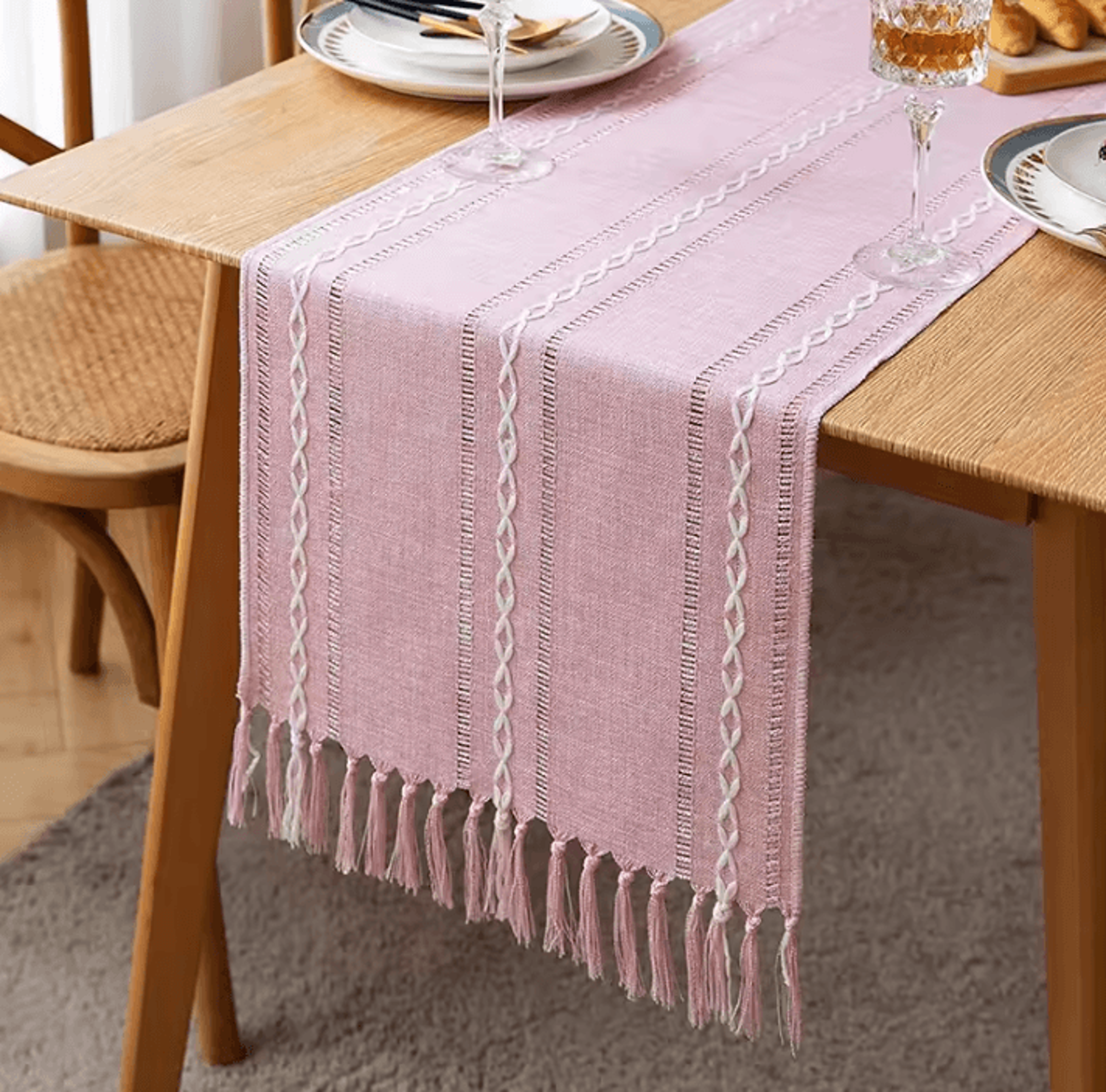 Boho Green Table Runner With Tassels  Rustic Cotton Linen Farmhouse Dining Decor 4