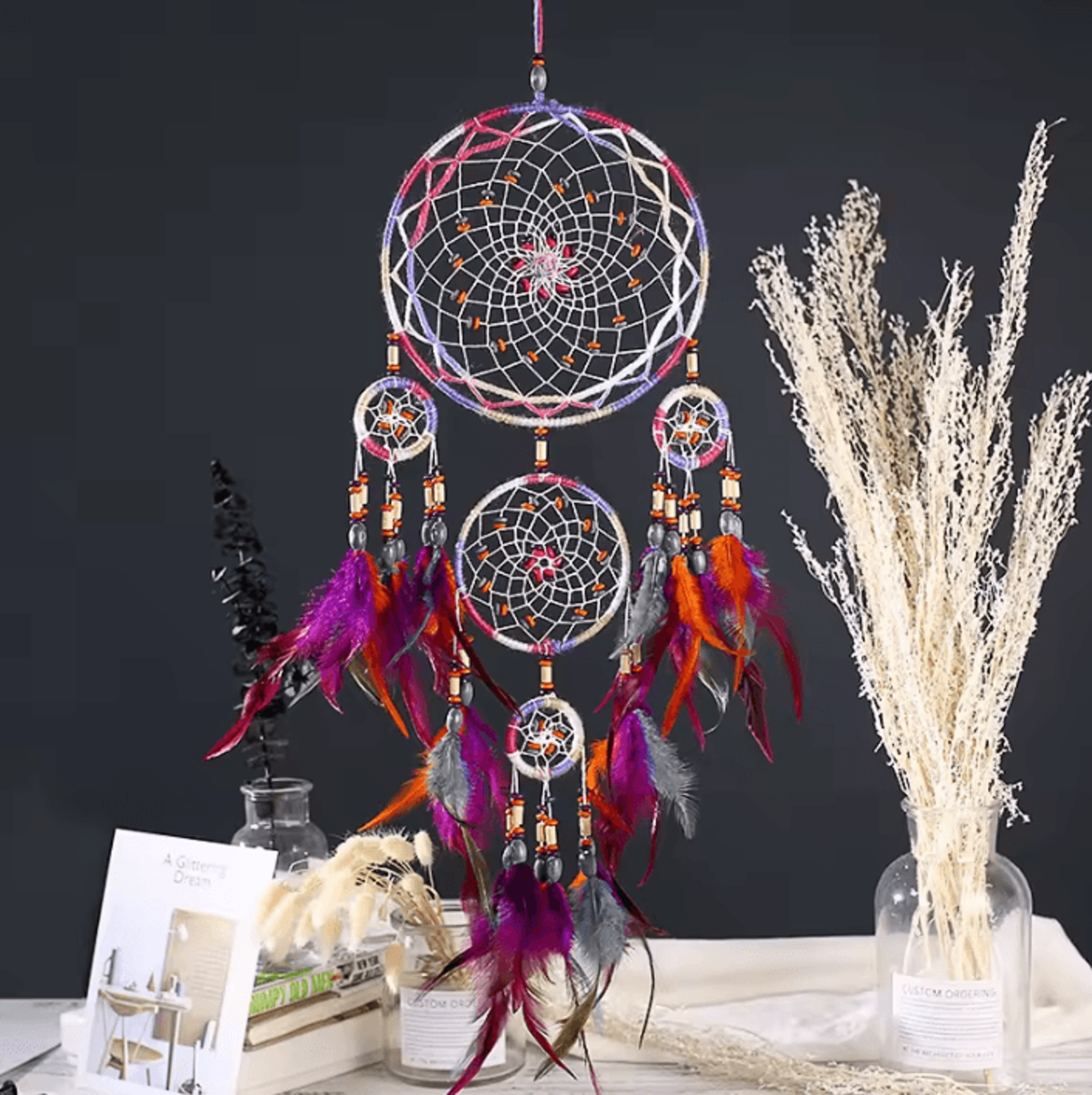 handmade five-ring macrame dream catcher – boho wall hanging decor for bedroom & living room