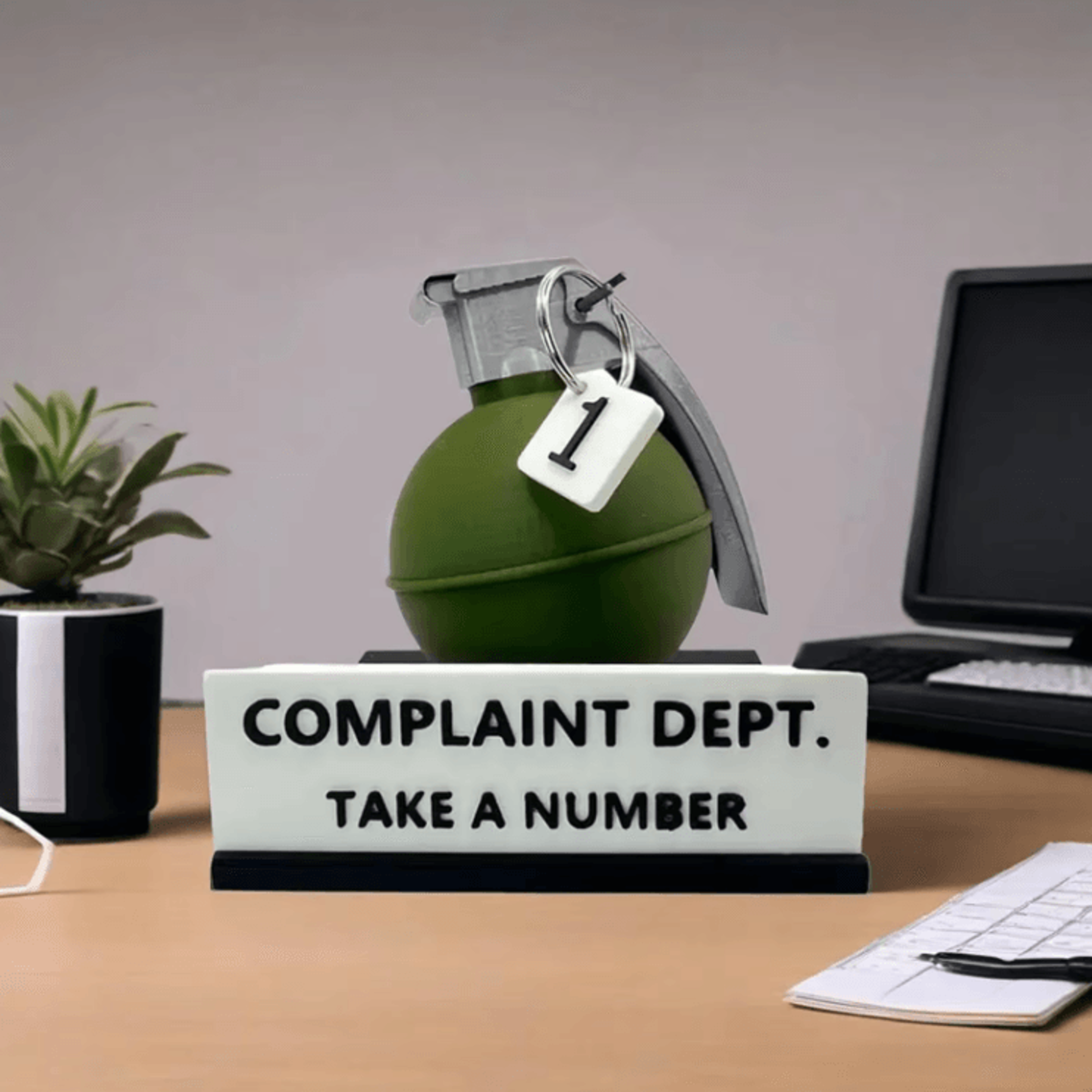 funny complaint department desk sign grenade – 3d printed office prank decor gift