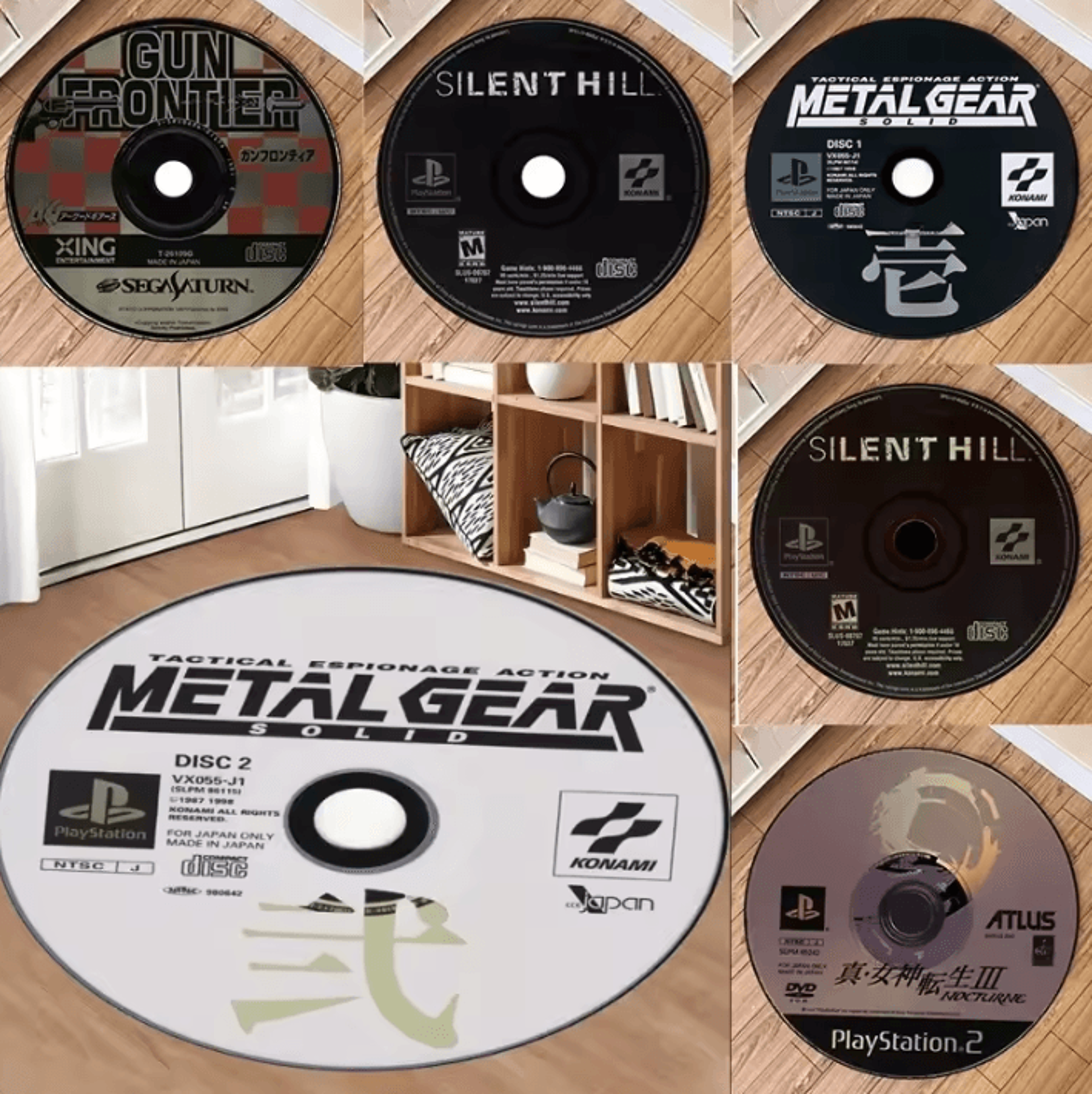retro metal gear cd rug – round gaming disc carpet aesthetic floor mat