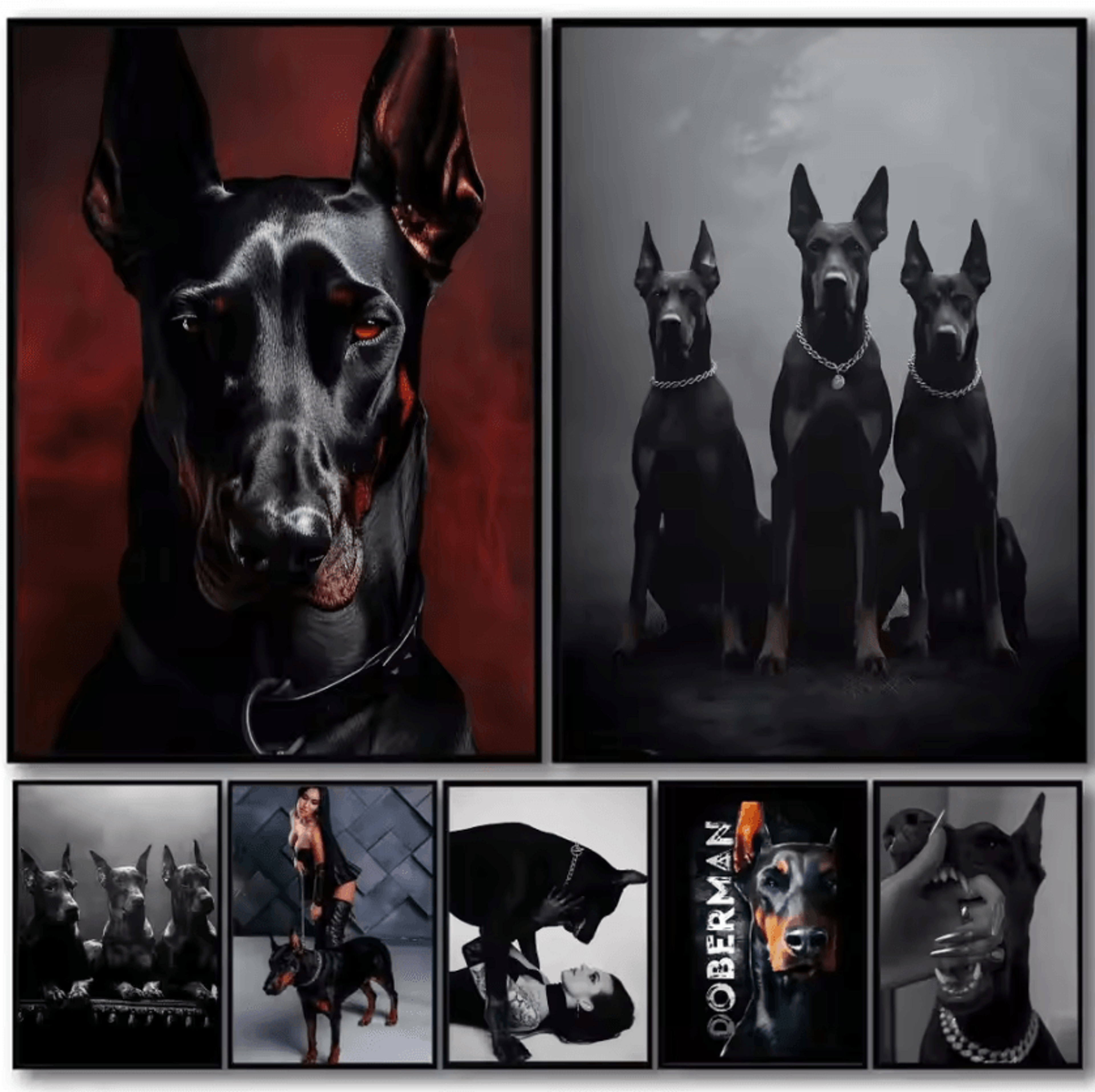 black doberman & woman canvas wall art – modern doberman dog painting poster