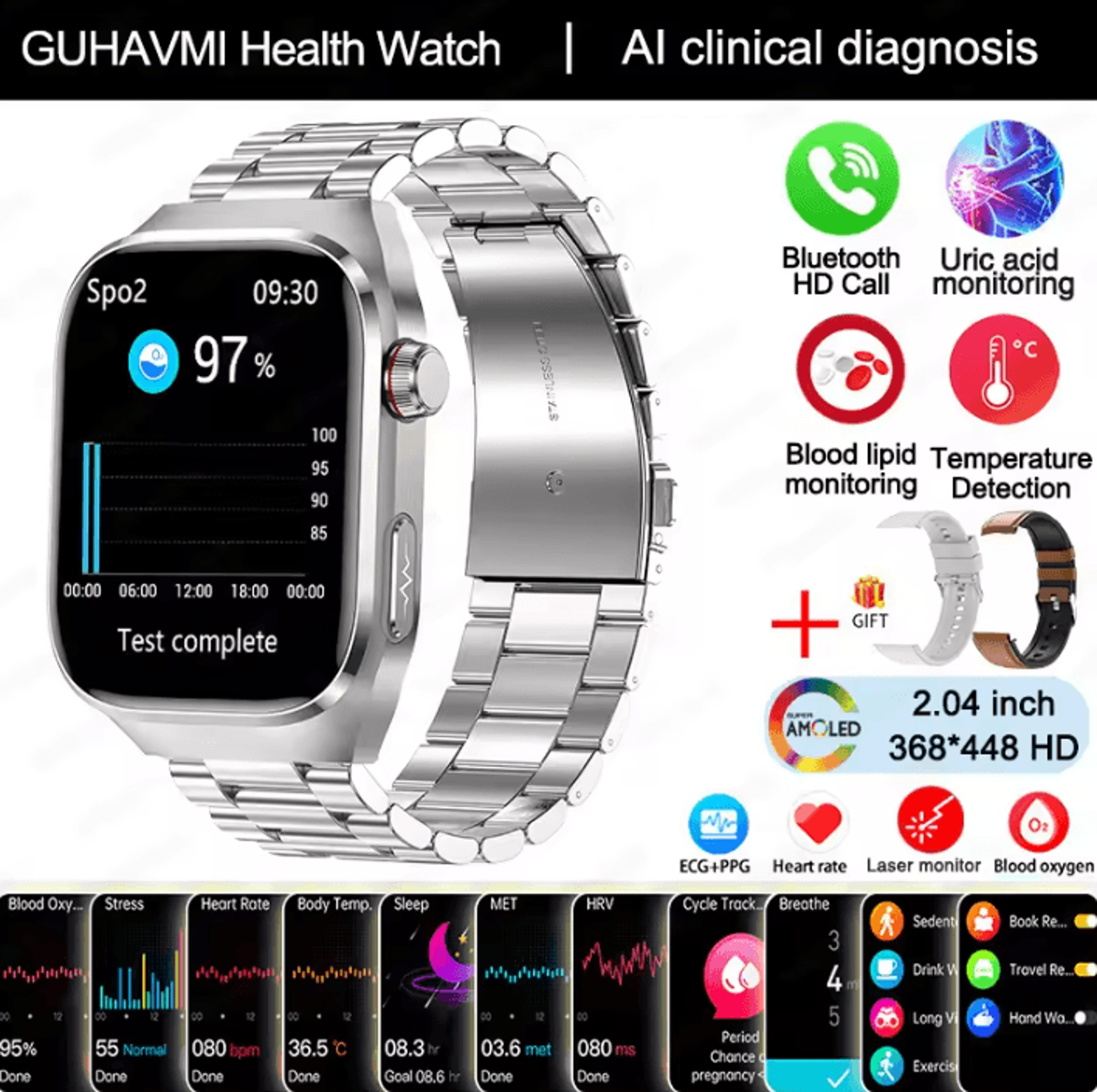AI Laser Health Smartwatch With ECG PPG Uric Acid  Blood Pressure Monitor 10