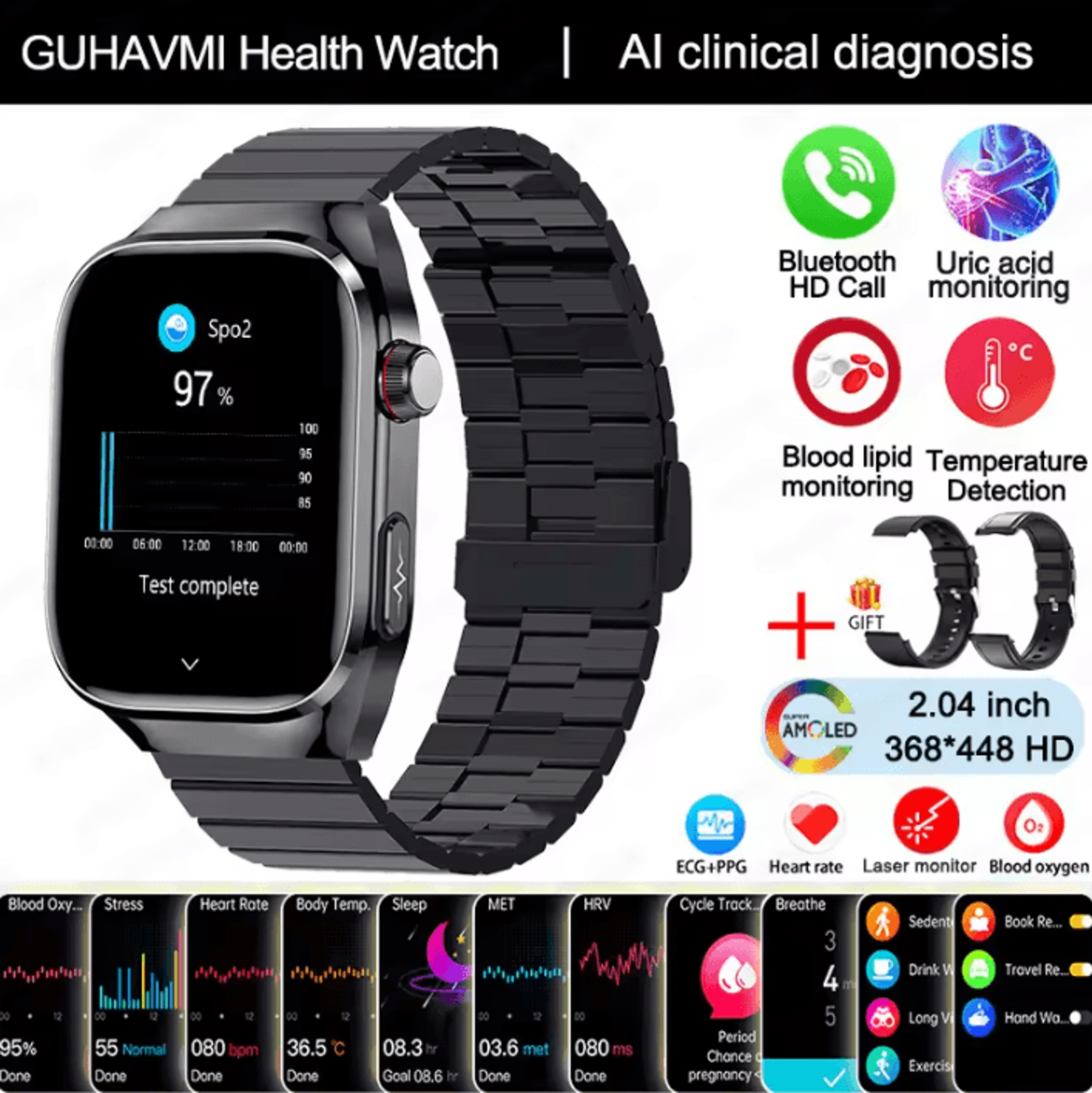 AI Laser Health Smartwatch With ECG PPG Uric Acid  Blood Pressure Monitor 11
