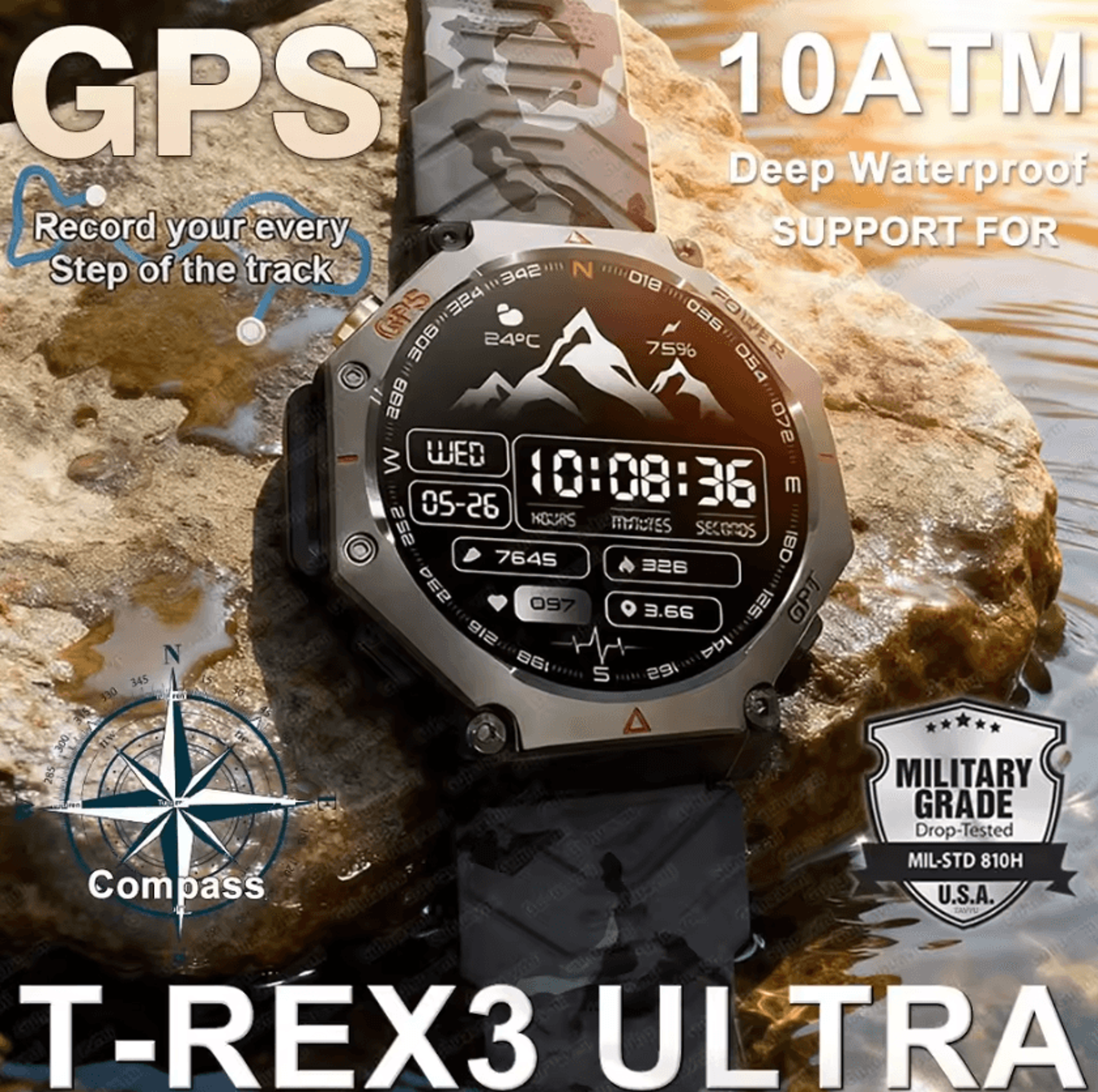 TRex 3 Ultra Military AMOLED GPS Smartwatch With 10ATM Waterproof  Bluetooth Call 1