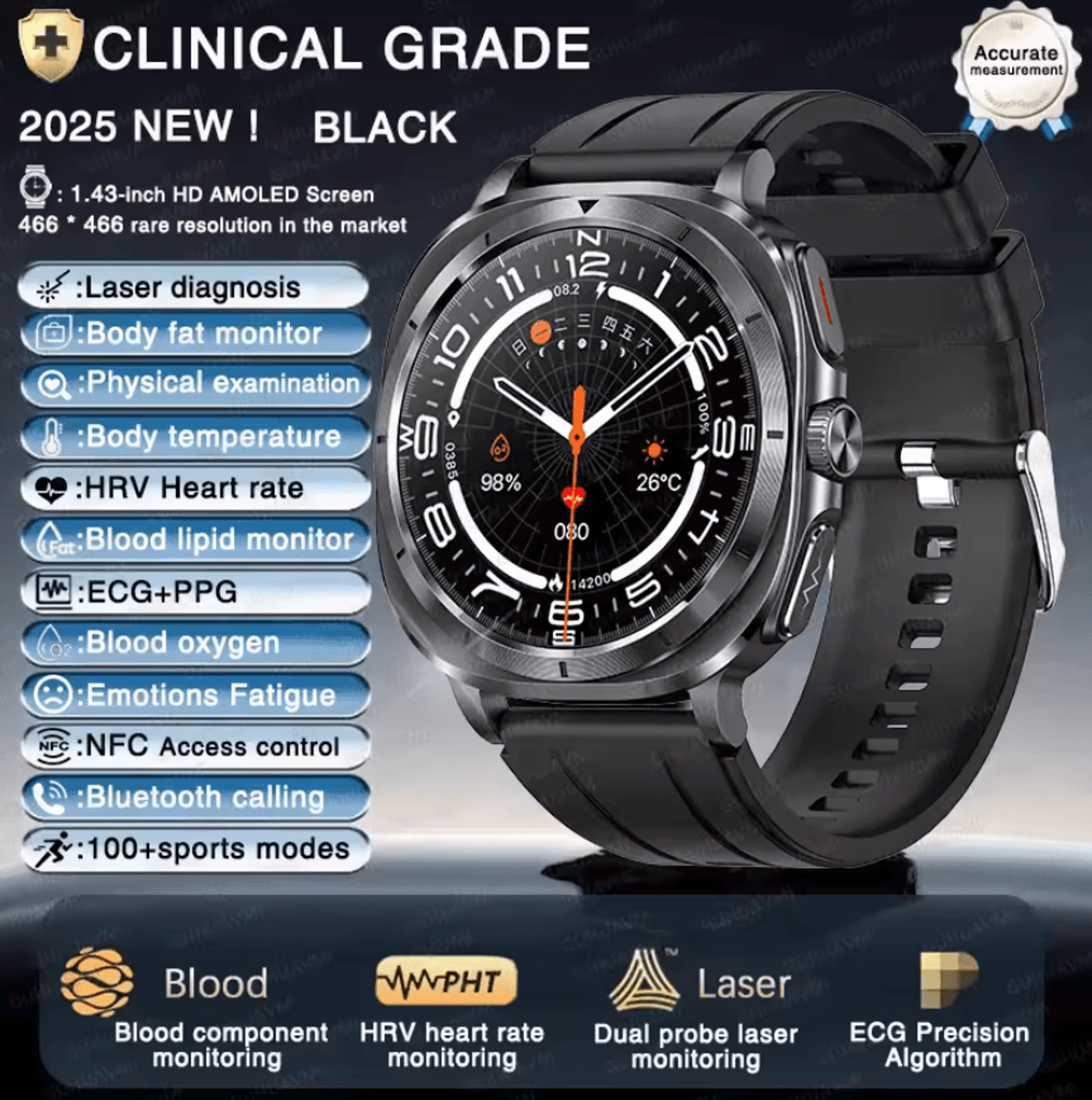 AI Laser Health Smartwatch With ECG PPG Uric Acid  Blood Lipid Analysis 2