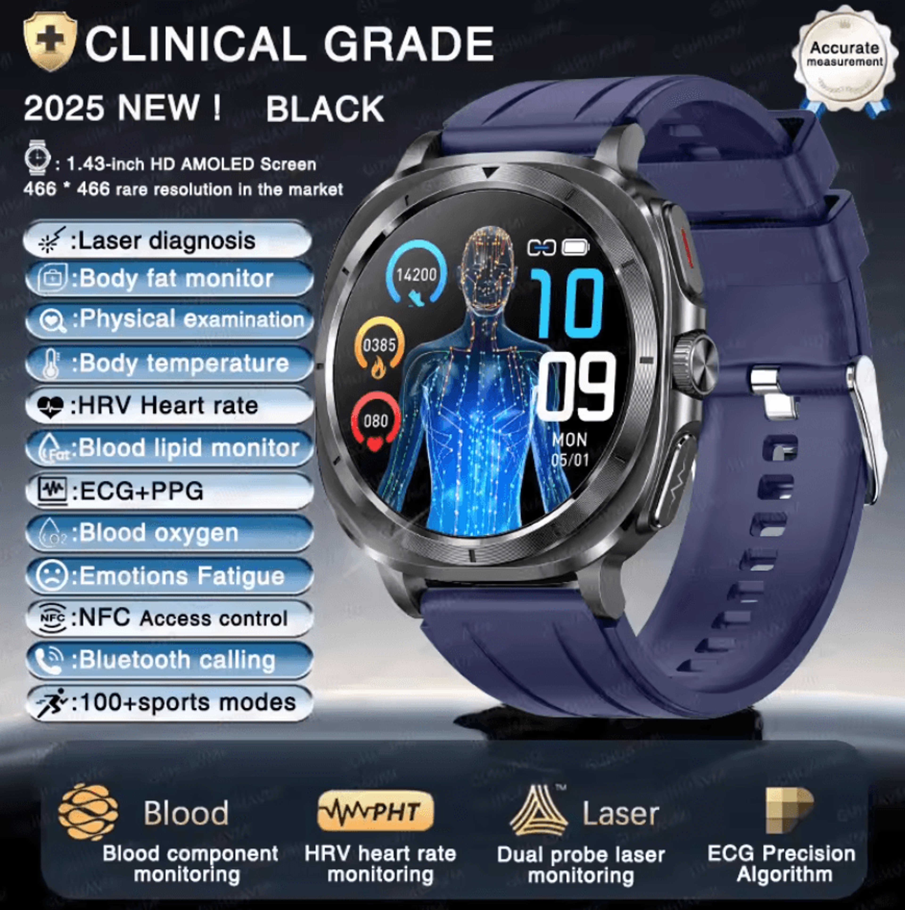 AI Laser Health Smartwatch With ECG PPG Uric Acid  Blood Lipid Analysis 3