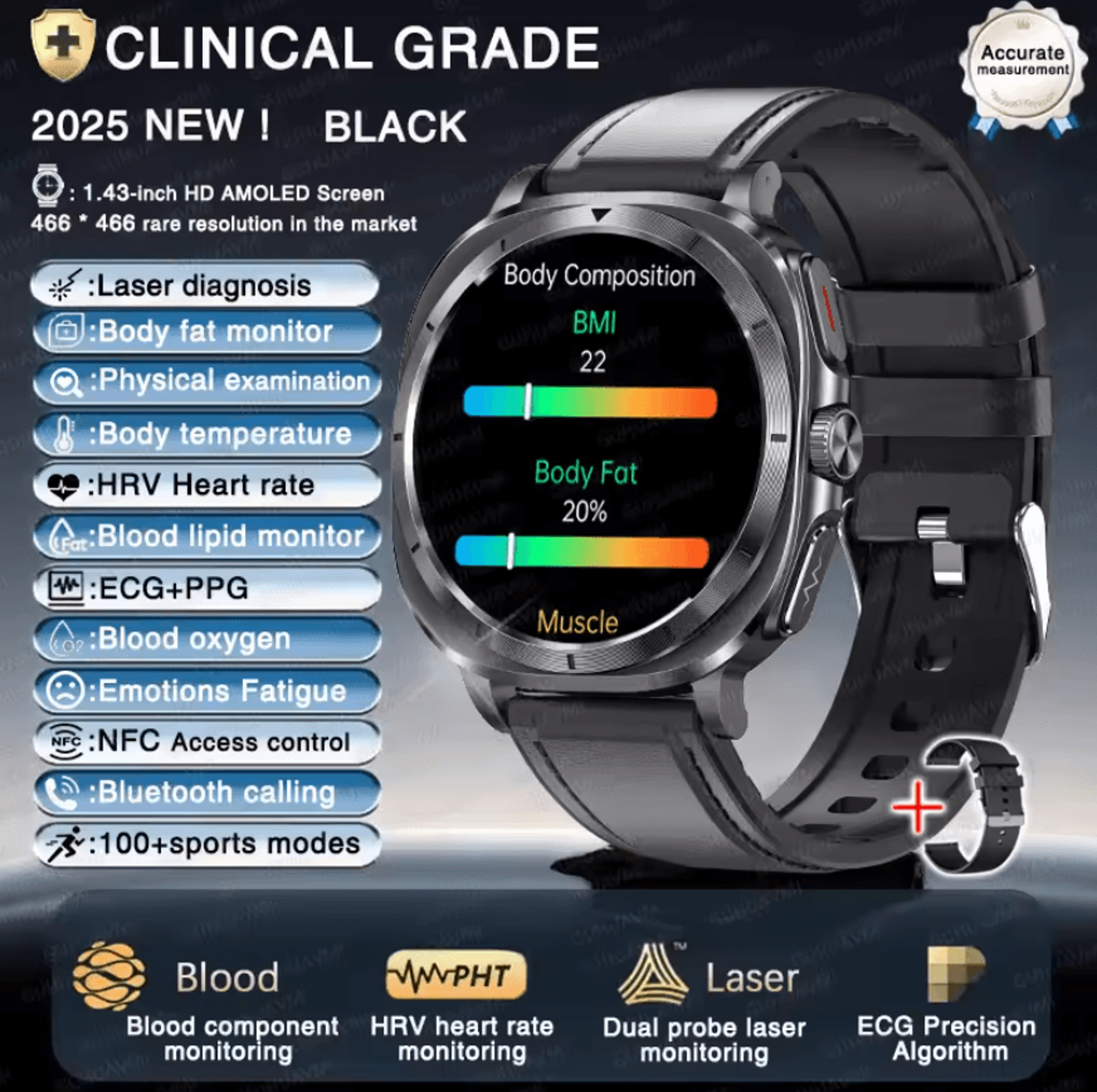 AI Laser Health Smartwatch With ECG PPG Uric Acid  Blood Lipid Analysis 4