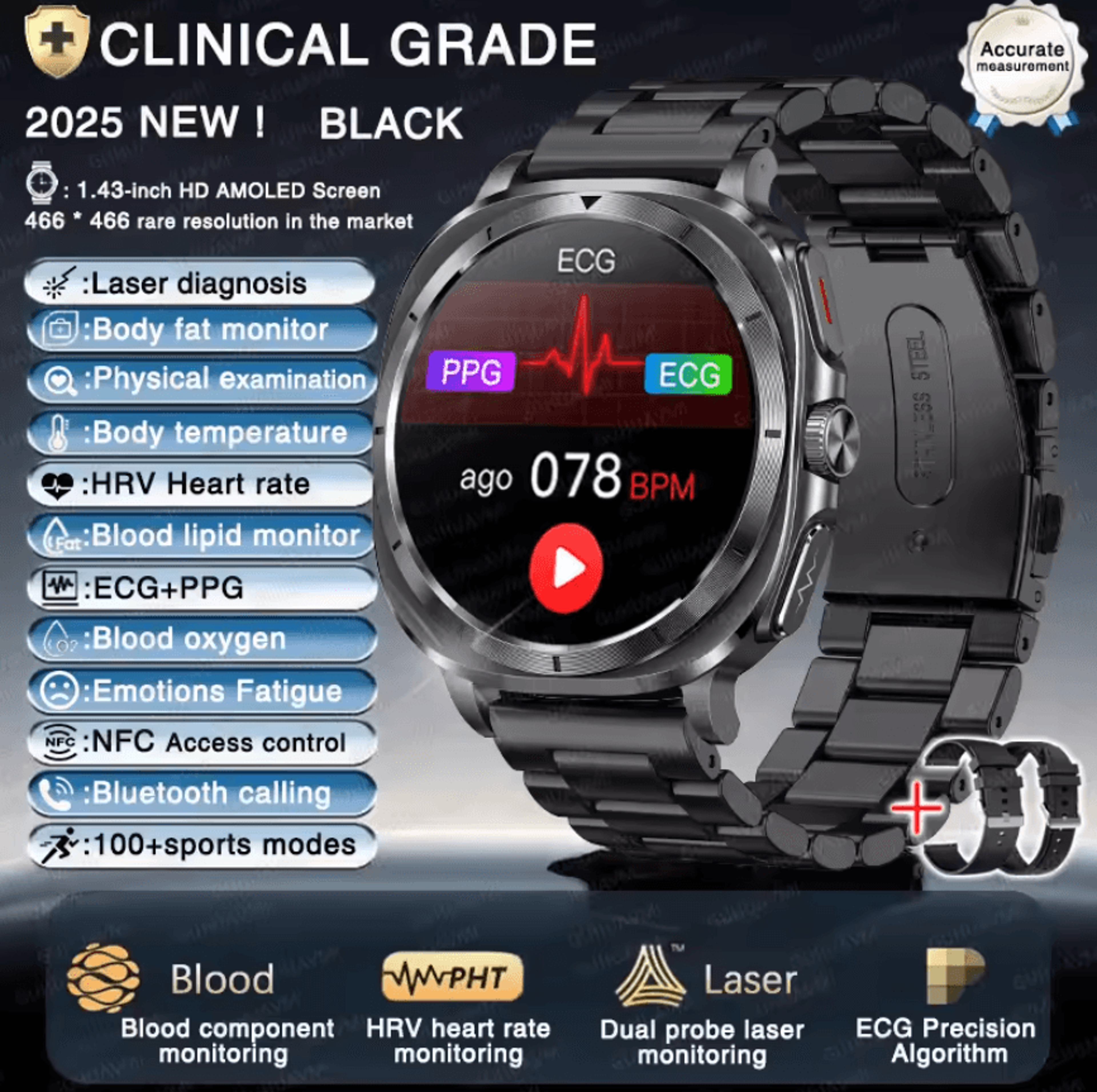 AI Laser Health Smartwatch With ECG PPG Uric Acid  Blood Lipid Analysis 7