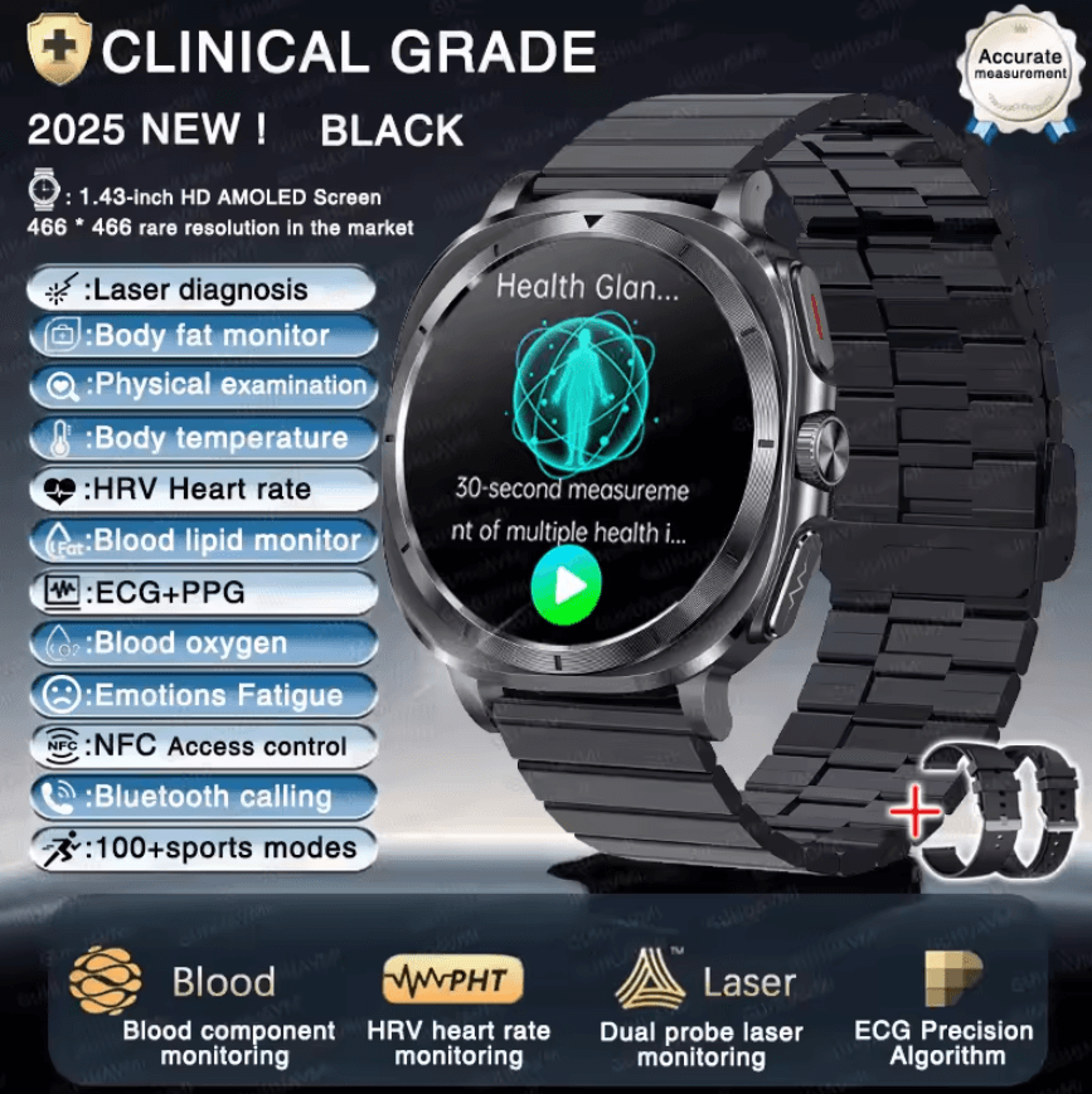 AI Laser Health Smartwatch With ECG PPG Uric Acid  Blood Lipid Analysis 8
