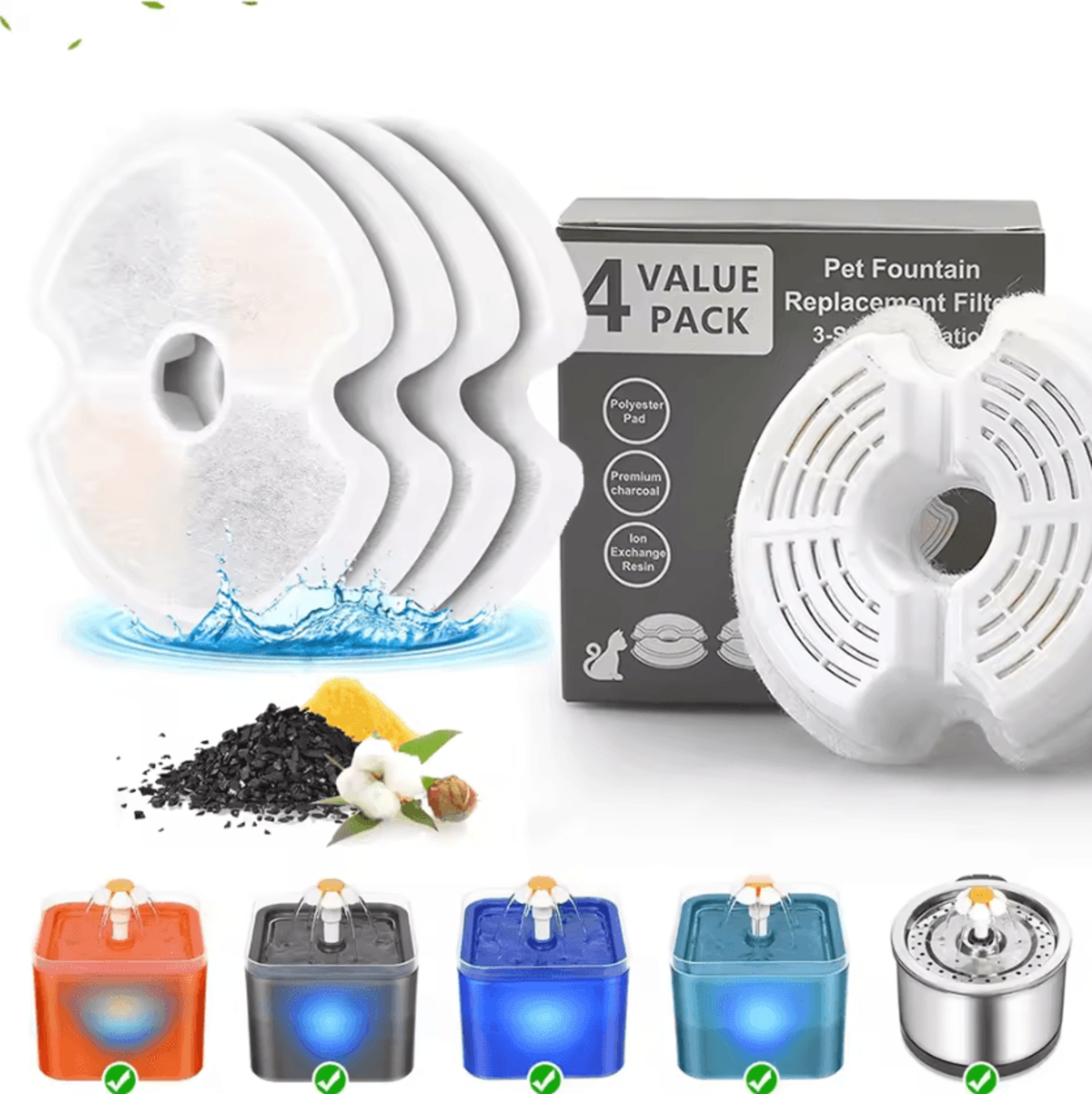 4-pack carbon replacement filters for stainless steel cat water fountain
