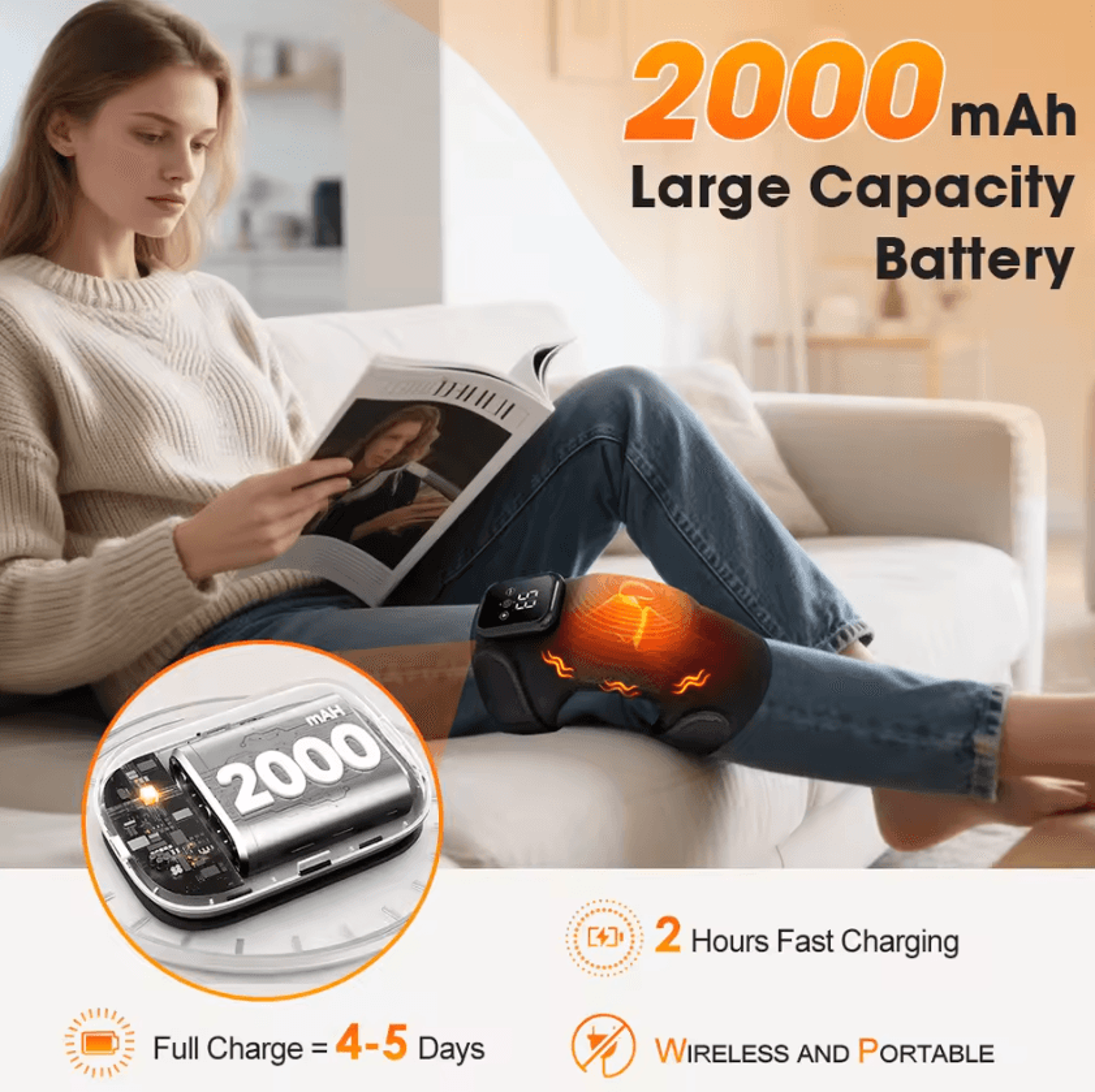 Cordless Heated Knee Massager  Rechargeable Knee Support Wrap With 3 Heat  Vibration Levels 3