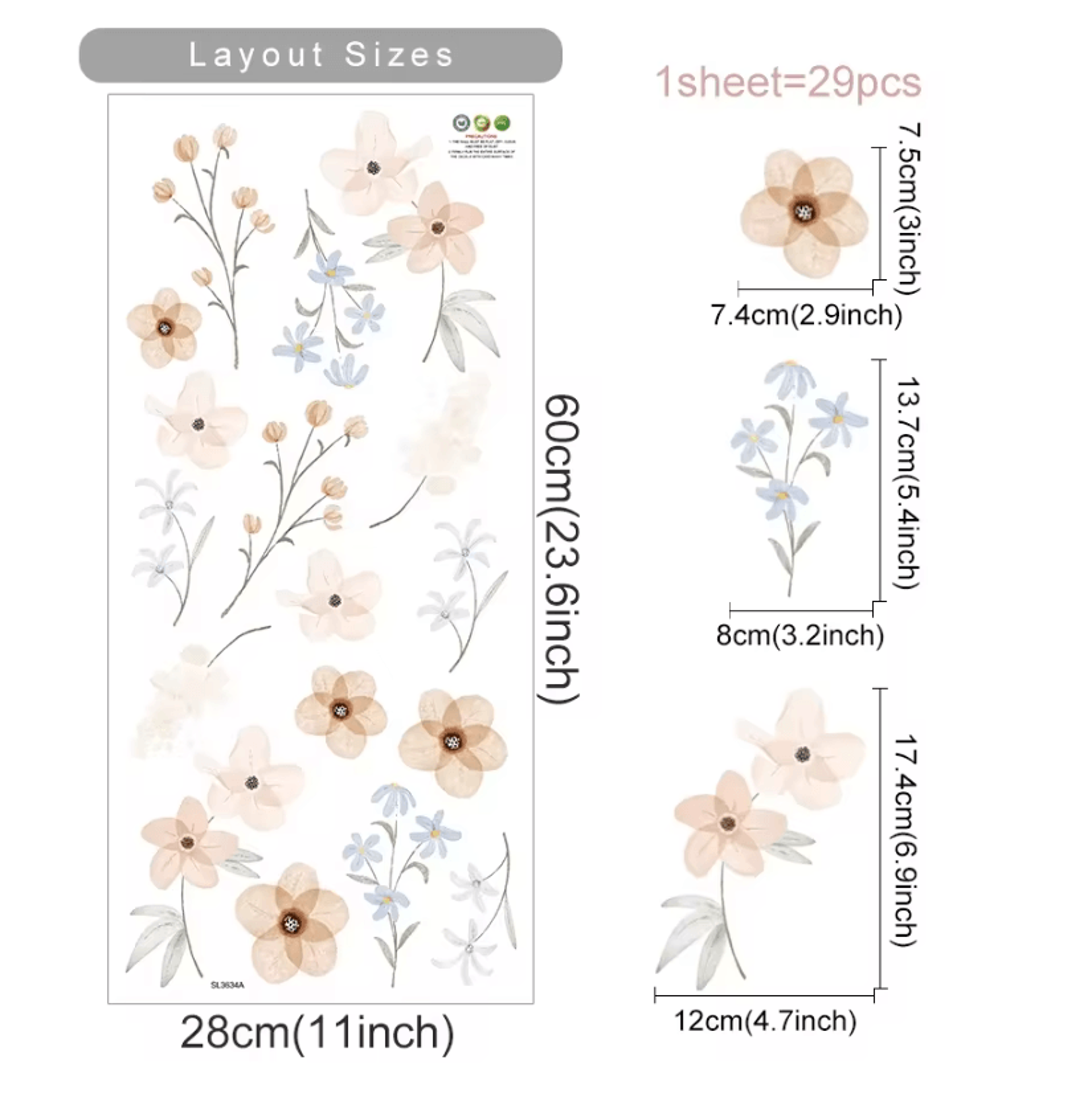 Boho Watercolor Flower Wall Stickers Removable Floral PVC Decals 6