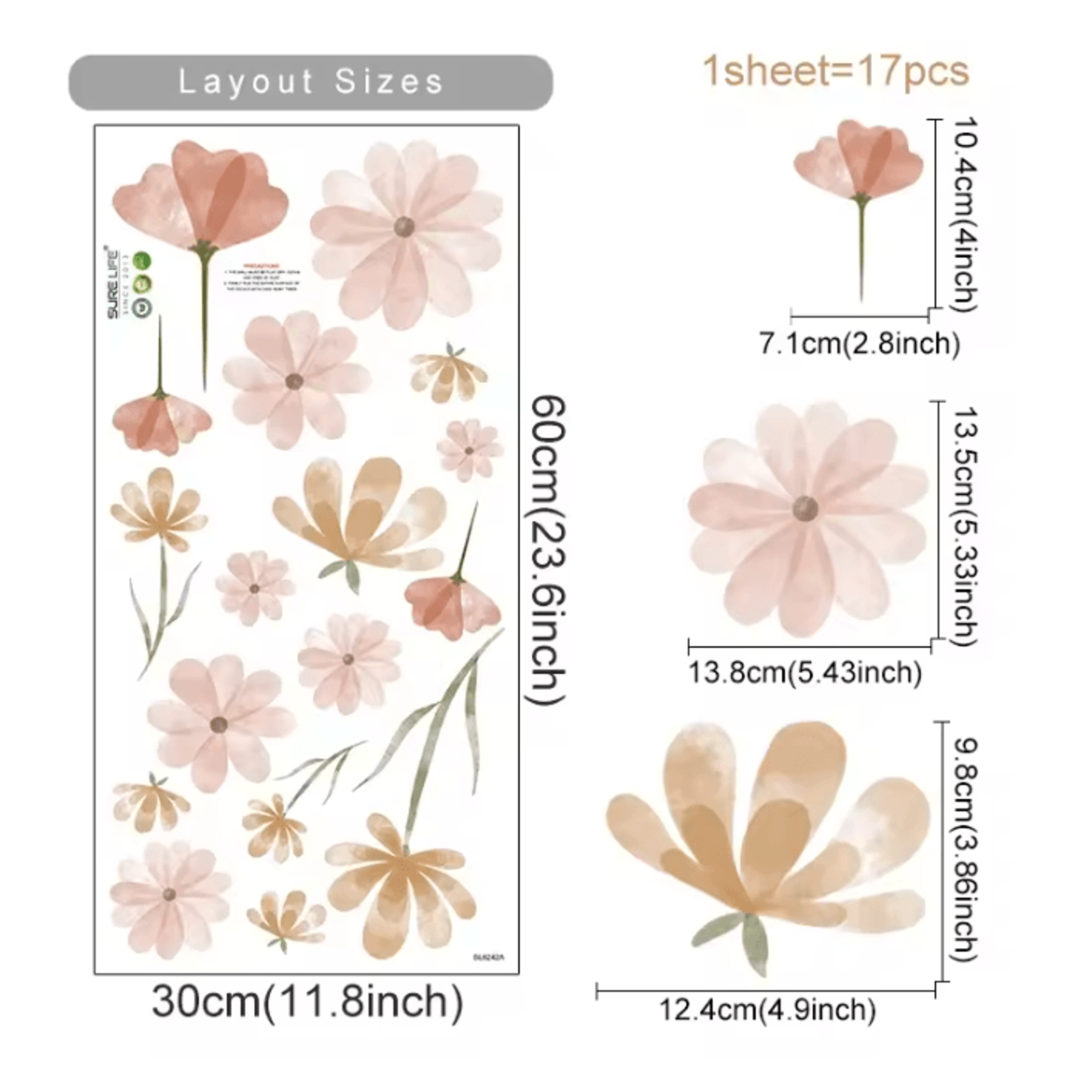 Boho Watercolor Flower Wall Stickers Removable Floral PVC Decals 2