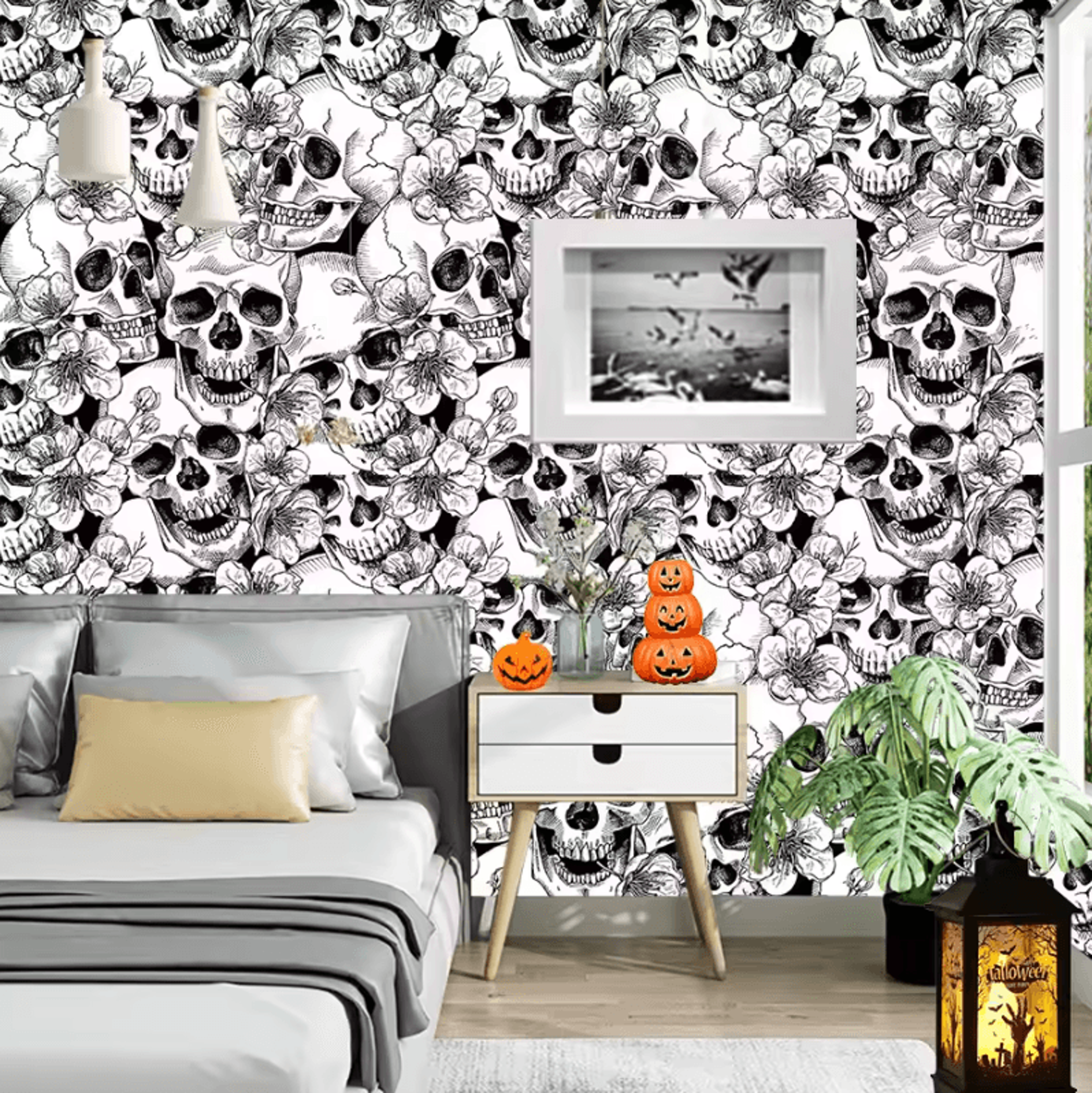 Halloween White Skull Peel And Stick Wallpaper Removable PVC Wall Decor 5