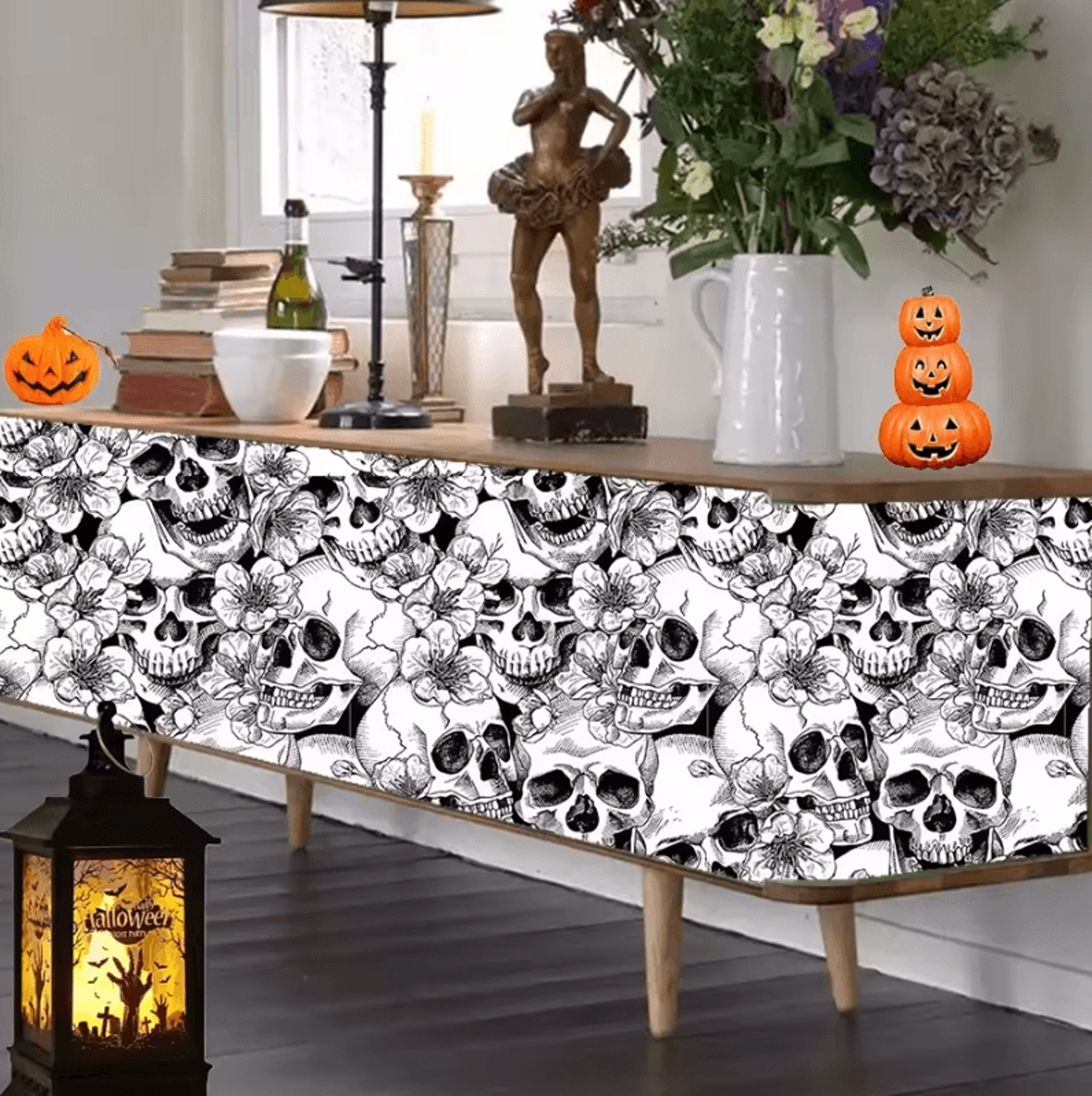 Halloween White Skull Peel And Stick Wallpaper Removable PVC Wall Decor 3