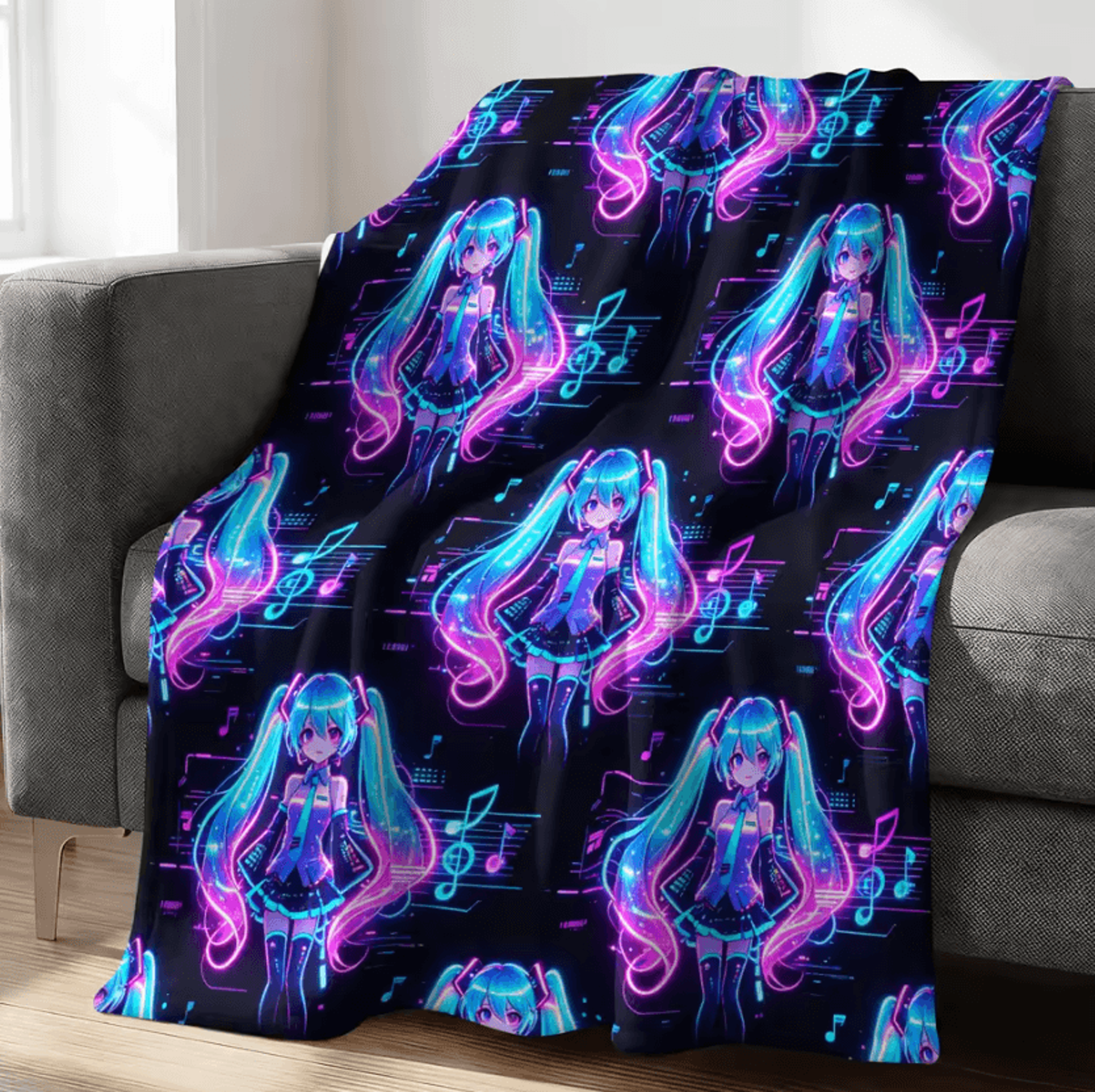 Hatsune Miku Crayon Style Flannel Throw Blanket 8