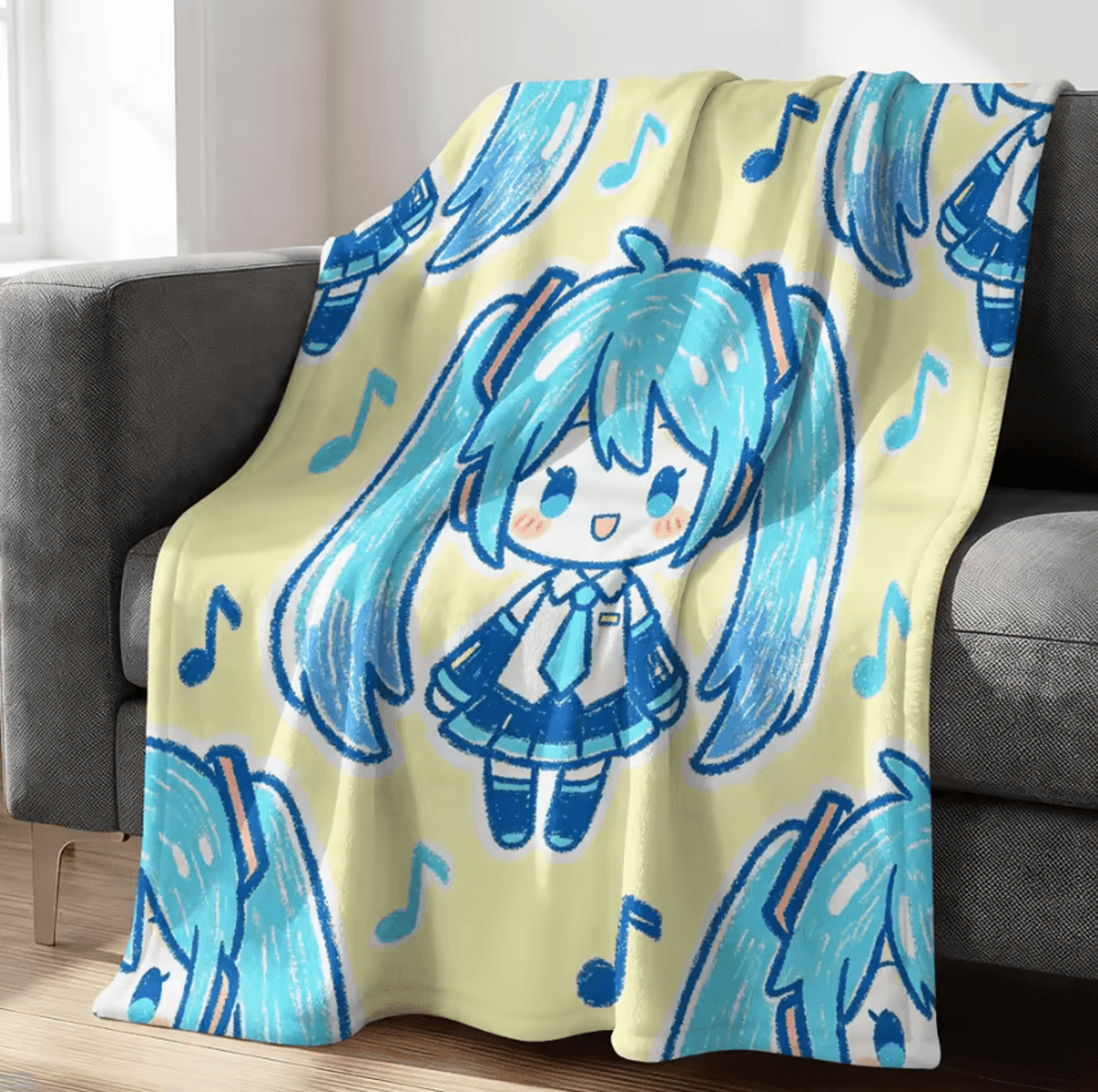 Hatsune Miku Crayon Style Flannel Throw Blanket 3