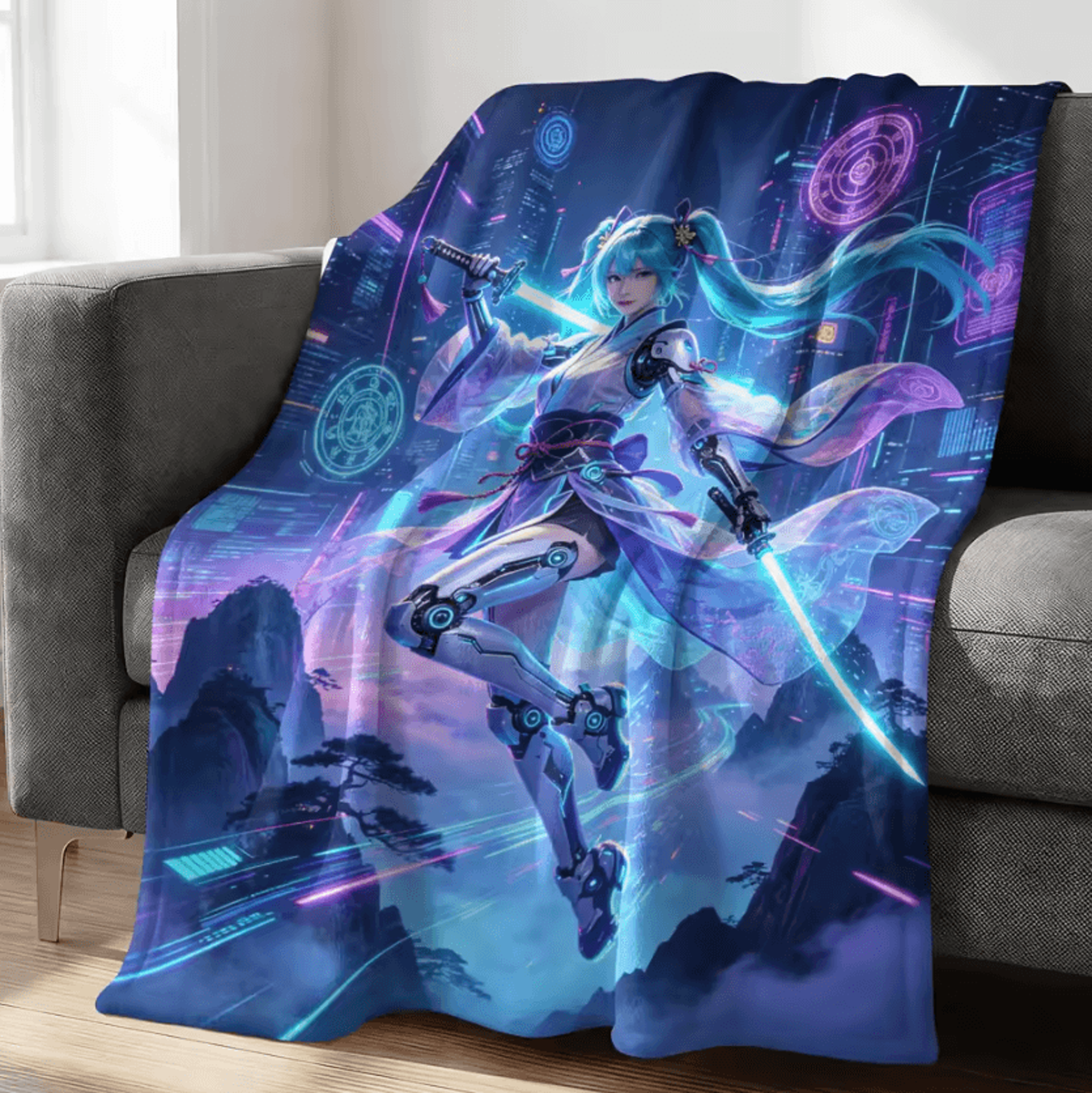 Hatsune Miku Crayon Style Flannel Throw Blanket 11