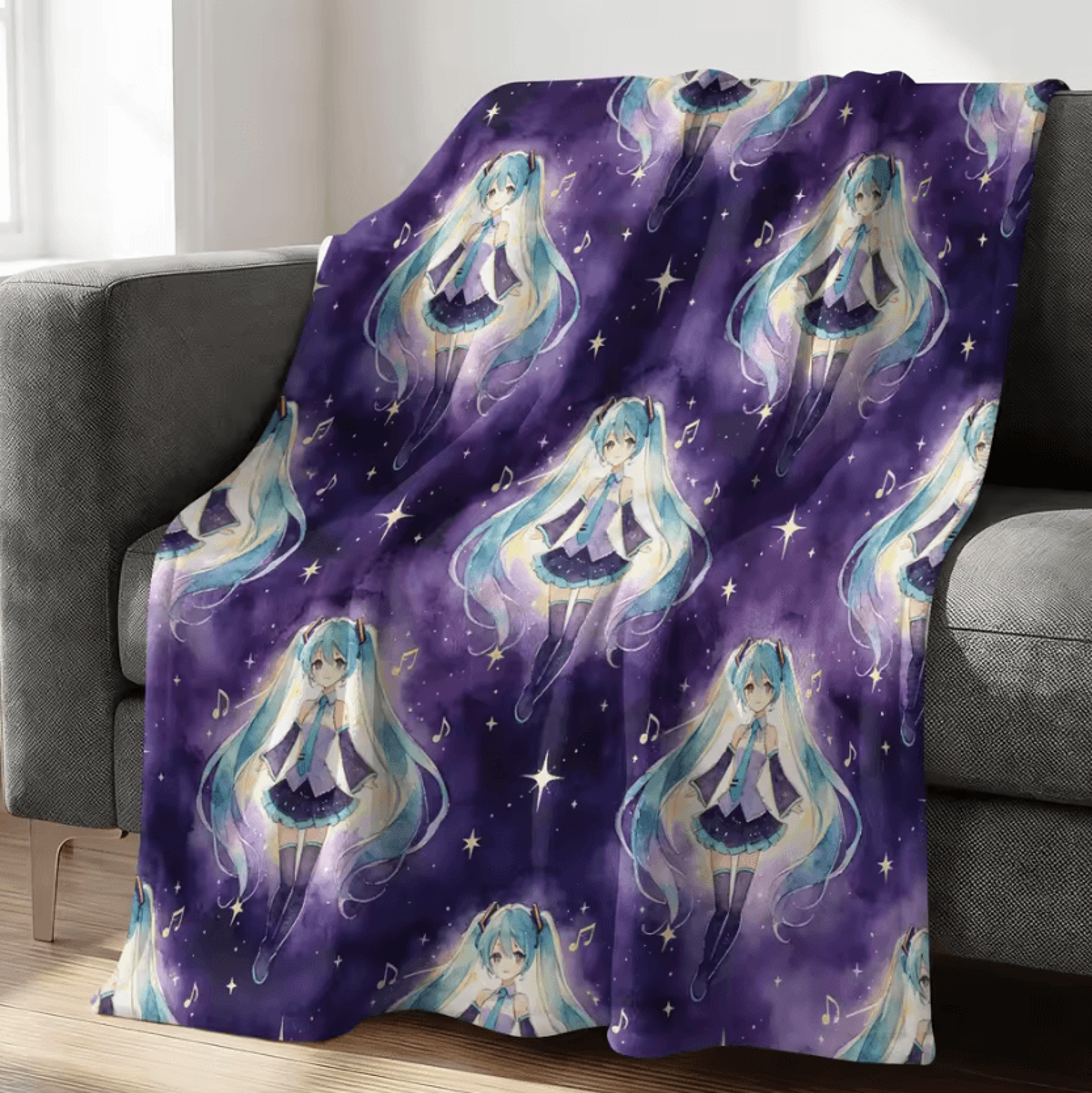 Hatsune Miku Crayon Style Flannel Throw Blanket 10