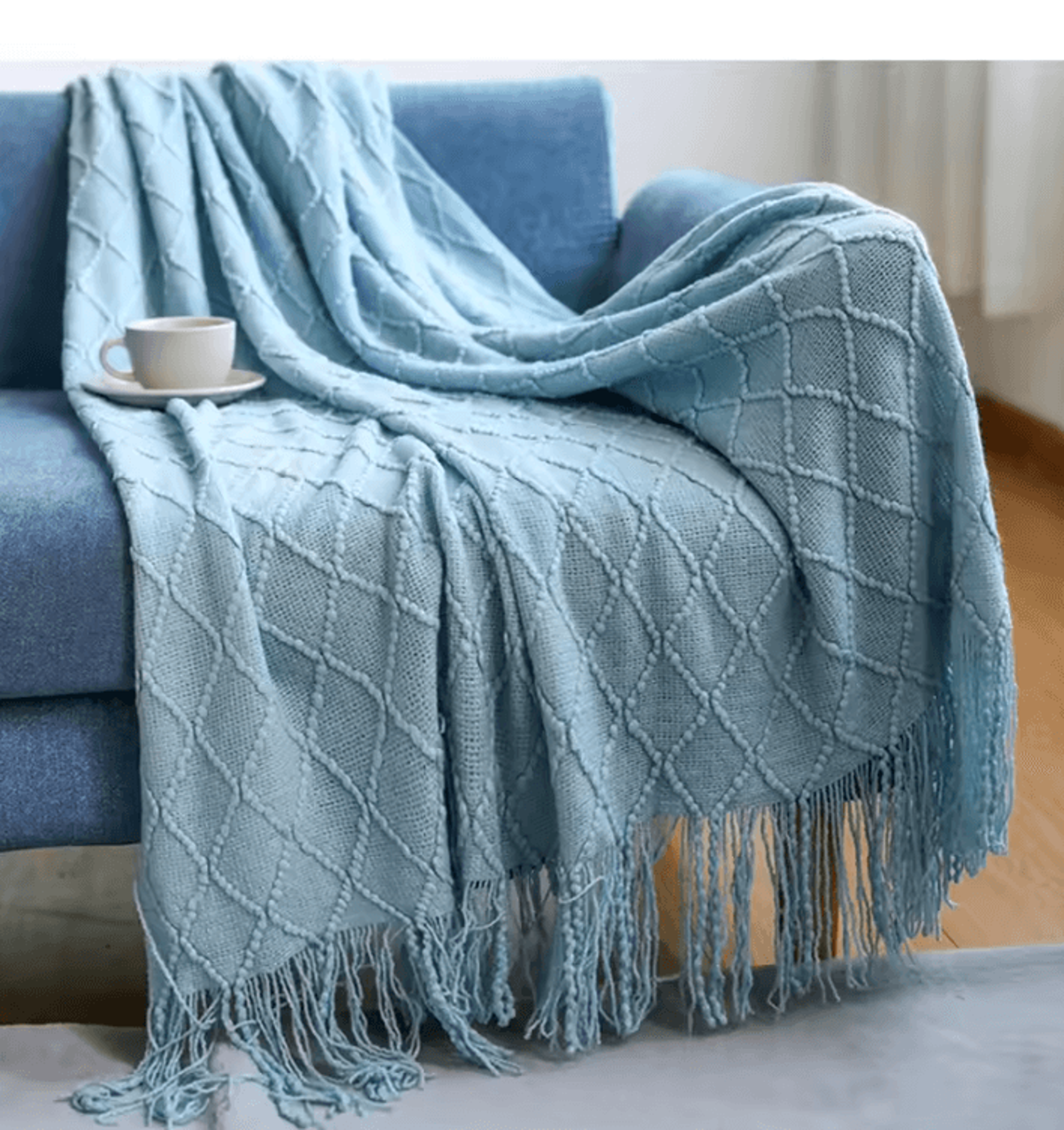 Mustard Yellow Geometric Knitted Throw Blanket With Fringe 5