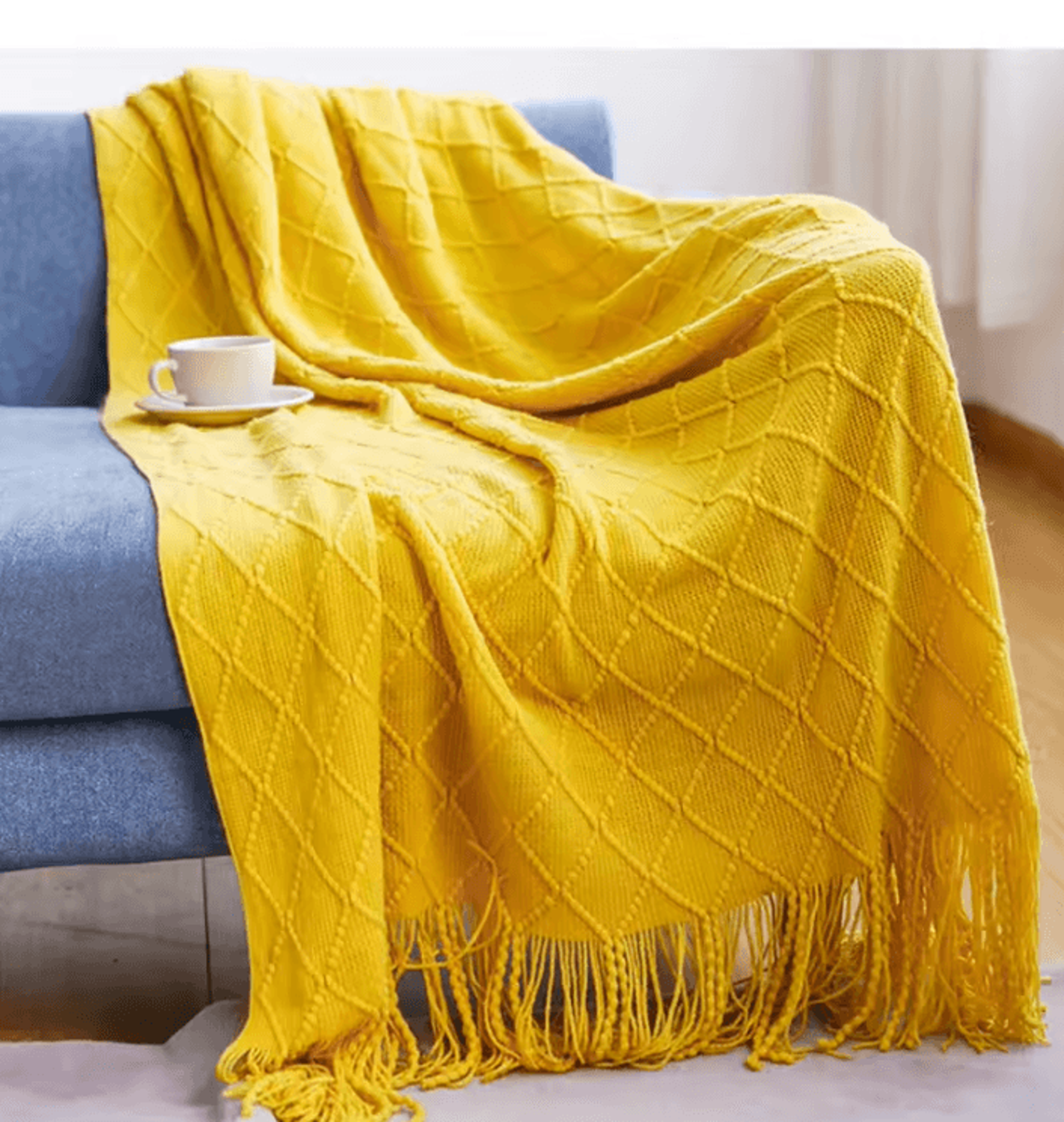 Mustard Yellow Geometric Knitted Throw Blanket With Fringe 3