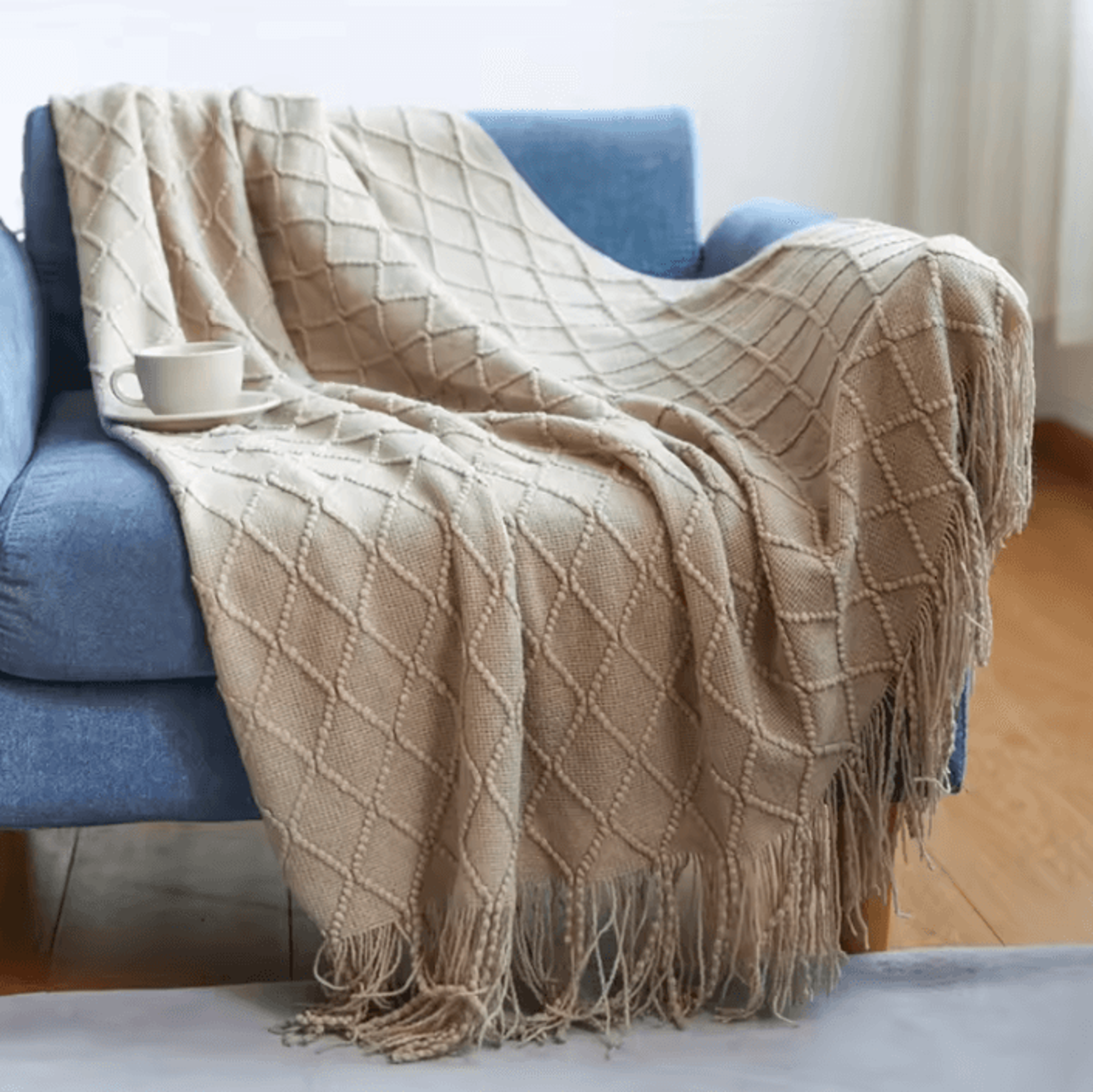 Mustard Yellow Geometric Knitted Throw Blanket With Fringe 2