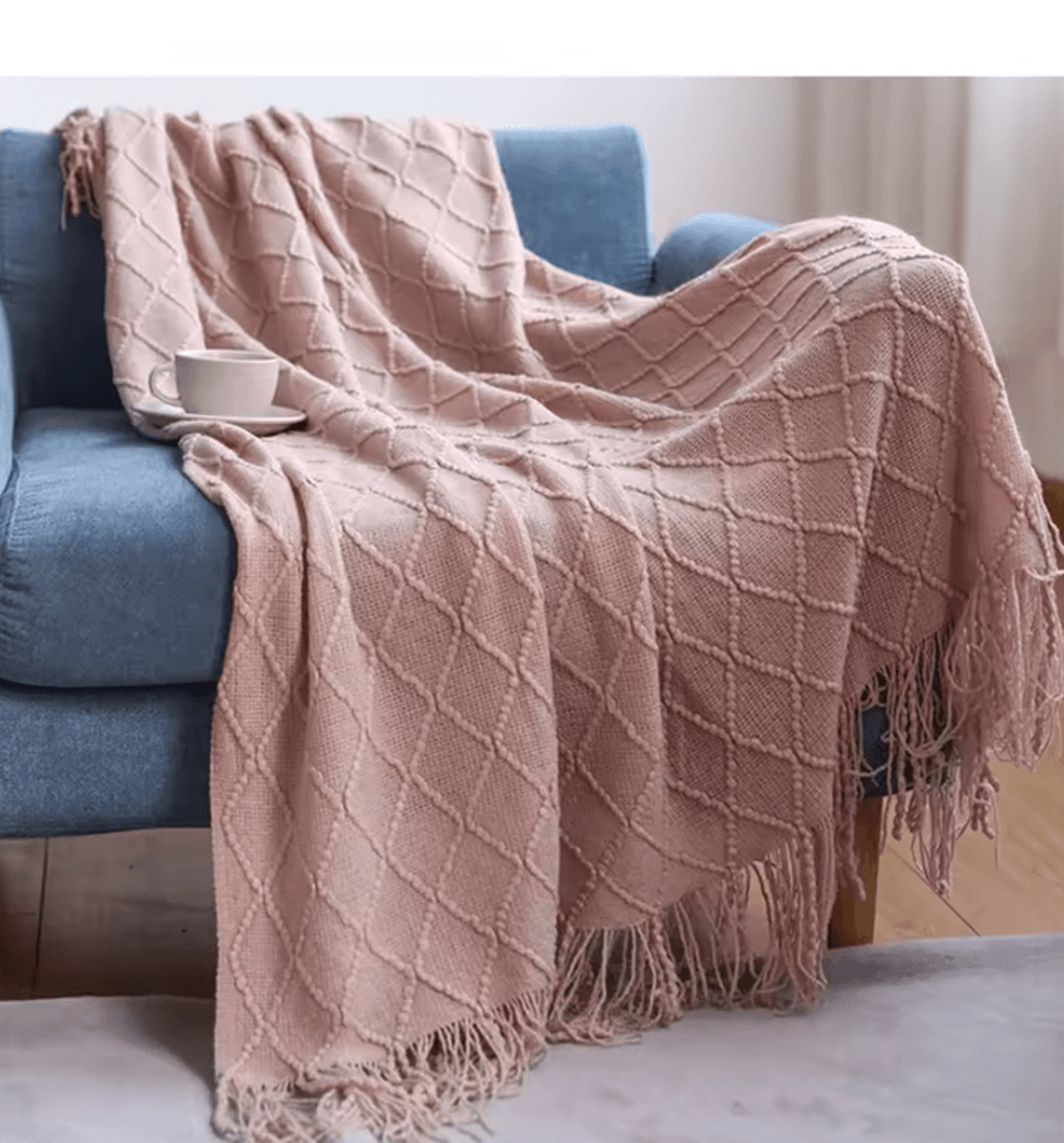 Mustard Yellow Geometric Knitted Throw Blanket With Fringe 8