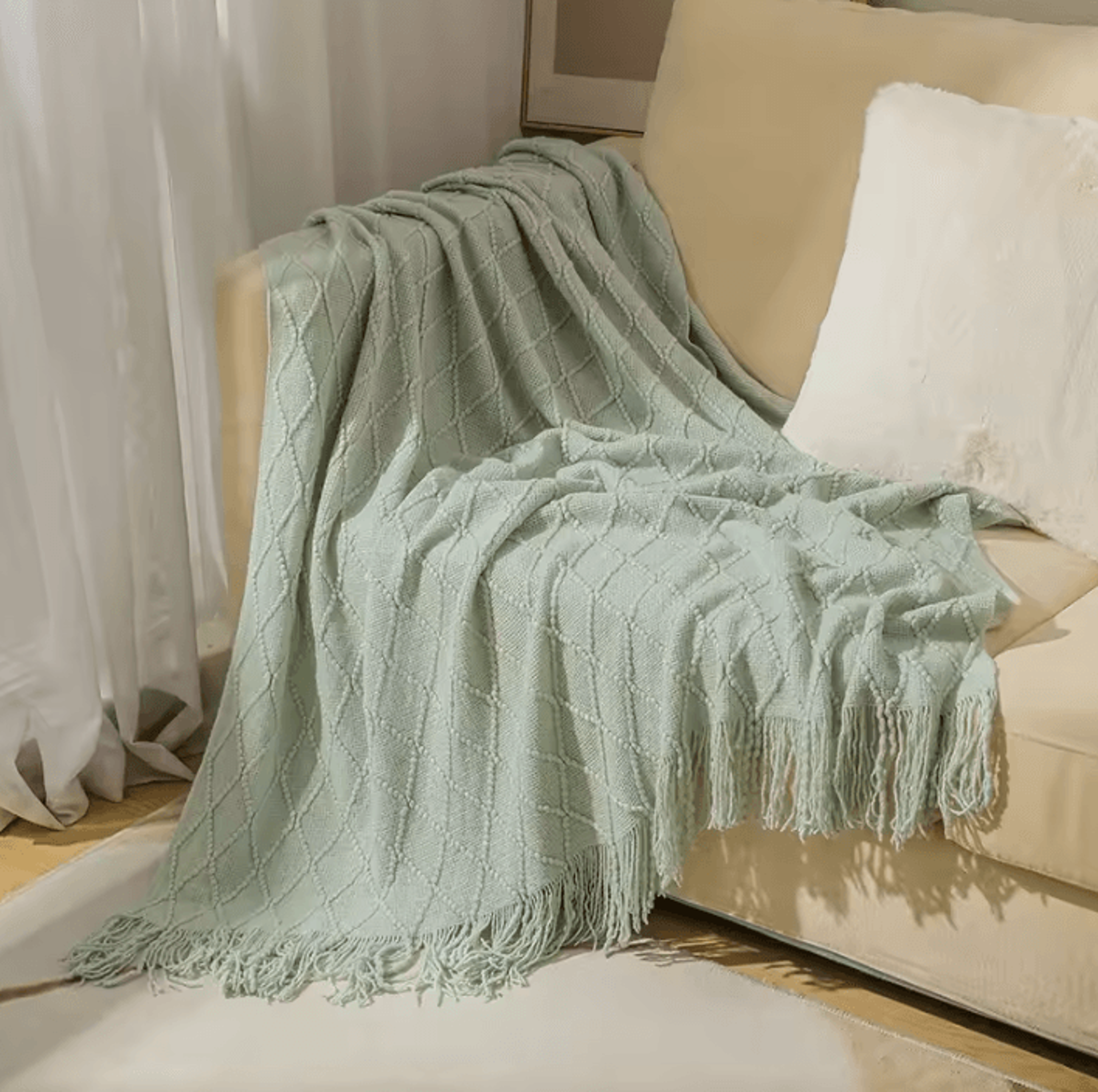 Mustard Yellow Geometric Knitted Throw Blanket With Fringe 9