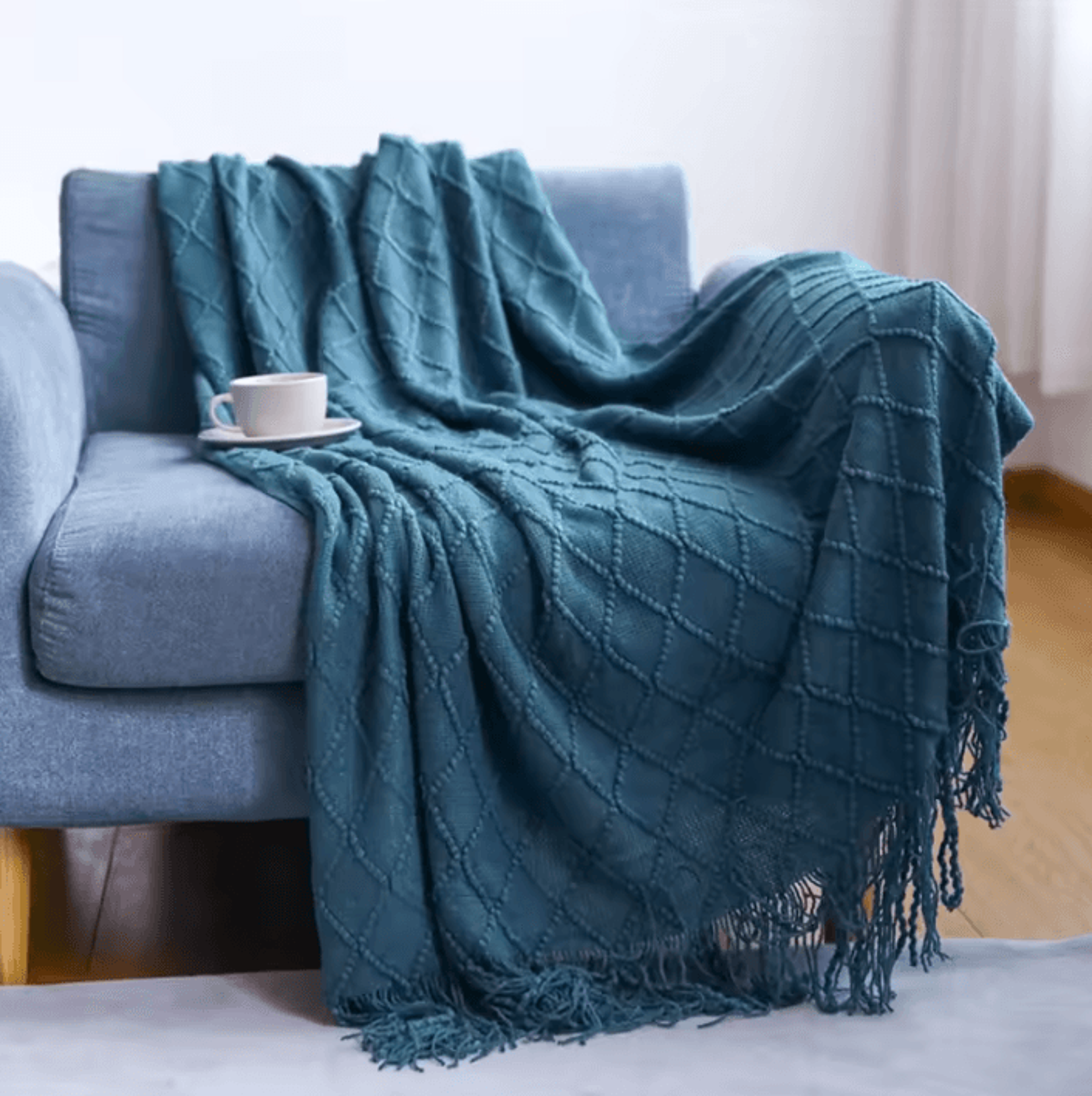 Mustard Yellow Geometric Knitted Throw Blanket With Fringe 7