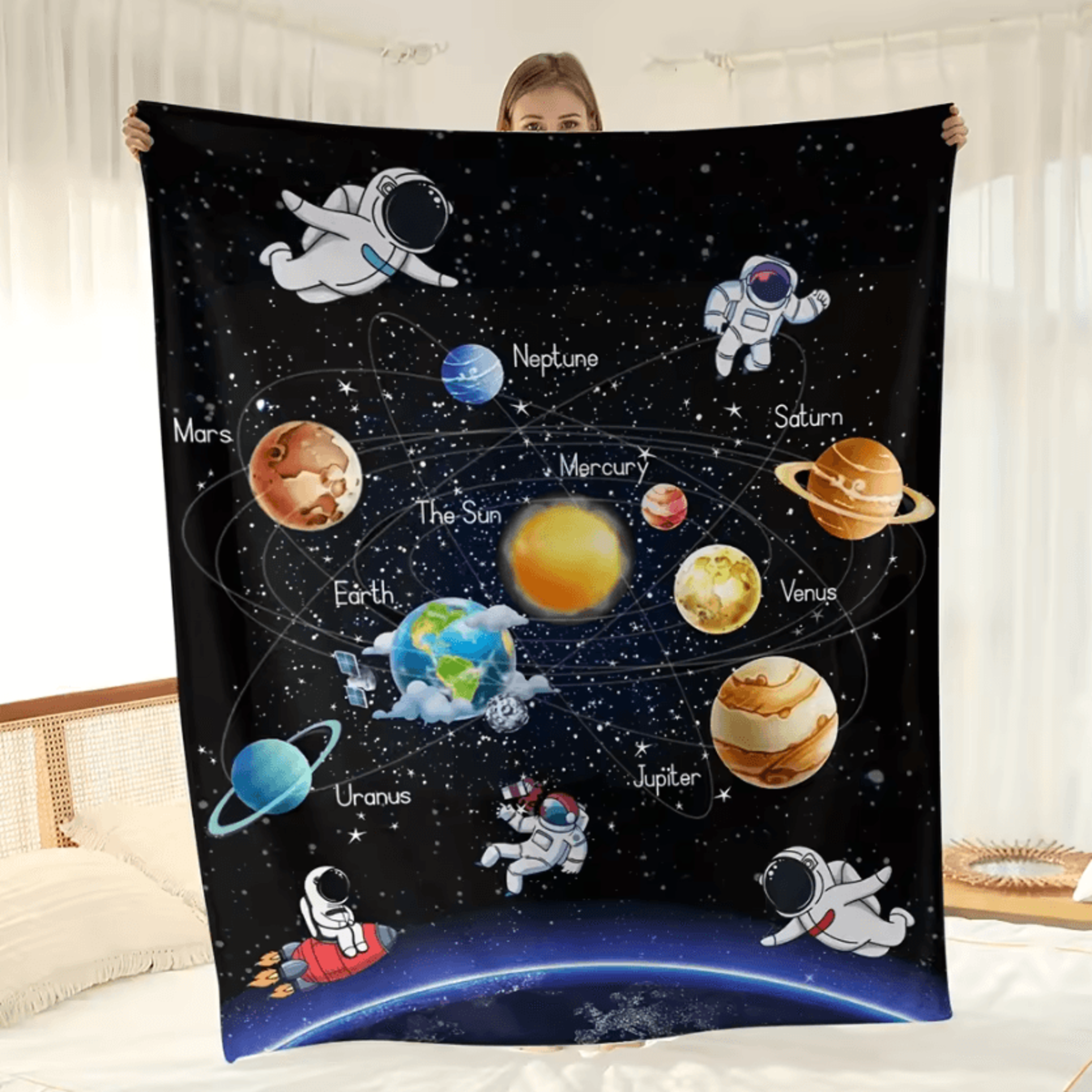 Astronaut Planet Flannel Throw Blanket 1