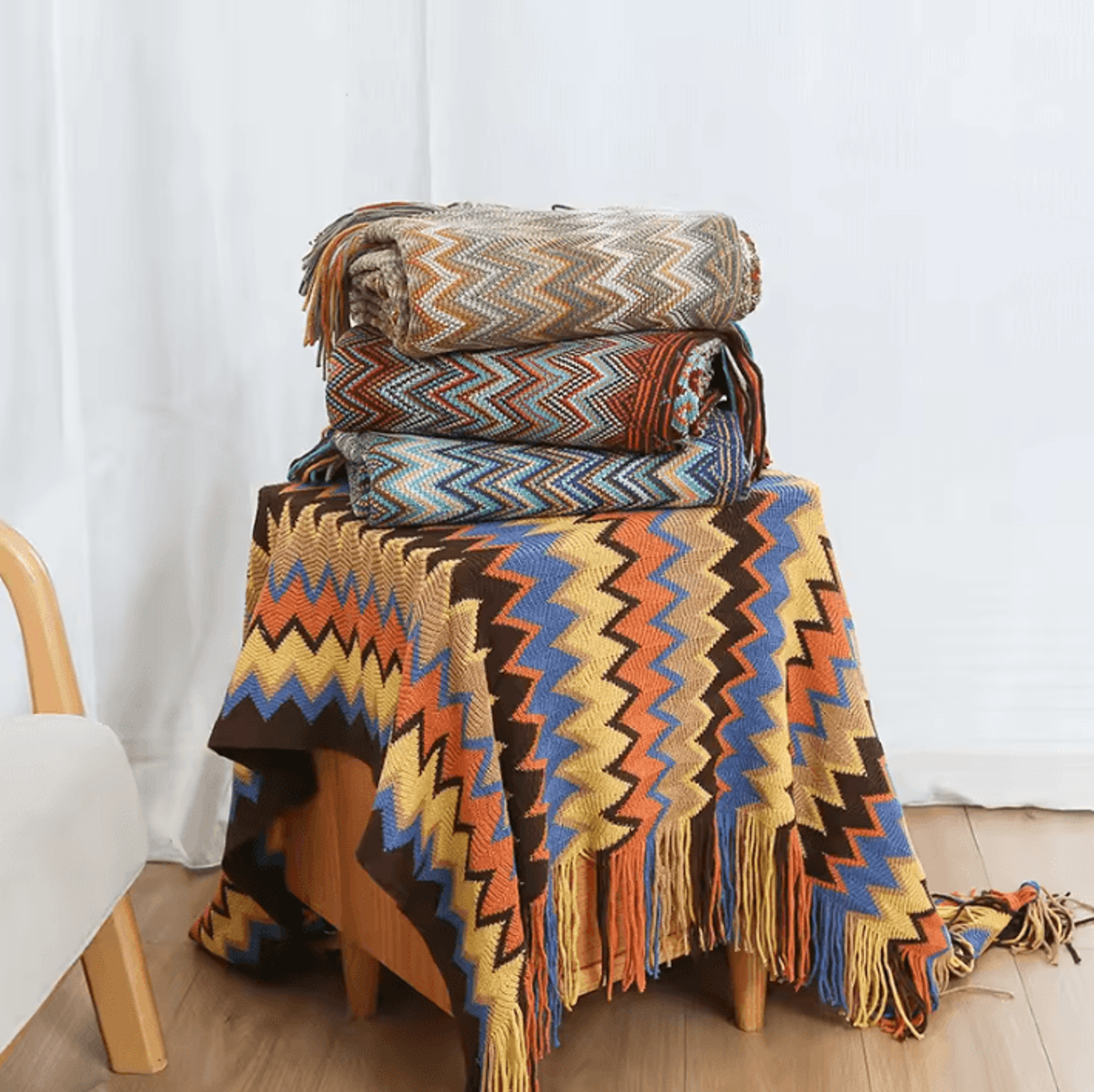 battilo boho knitted throw blanket with tassels