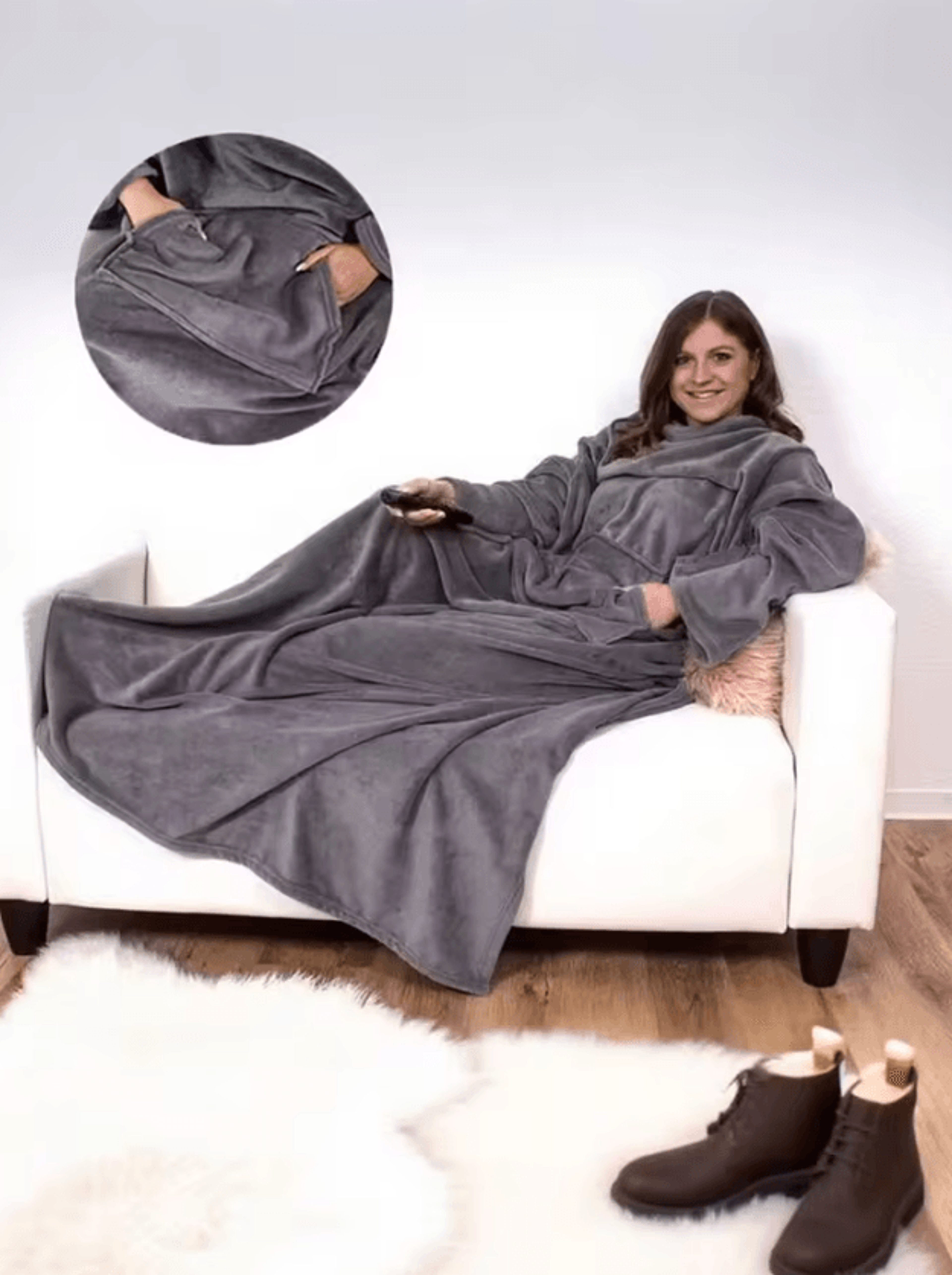 wearable flannel blanket with sleeves and large pocket
