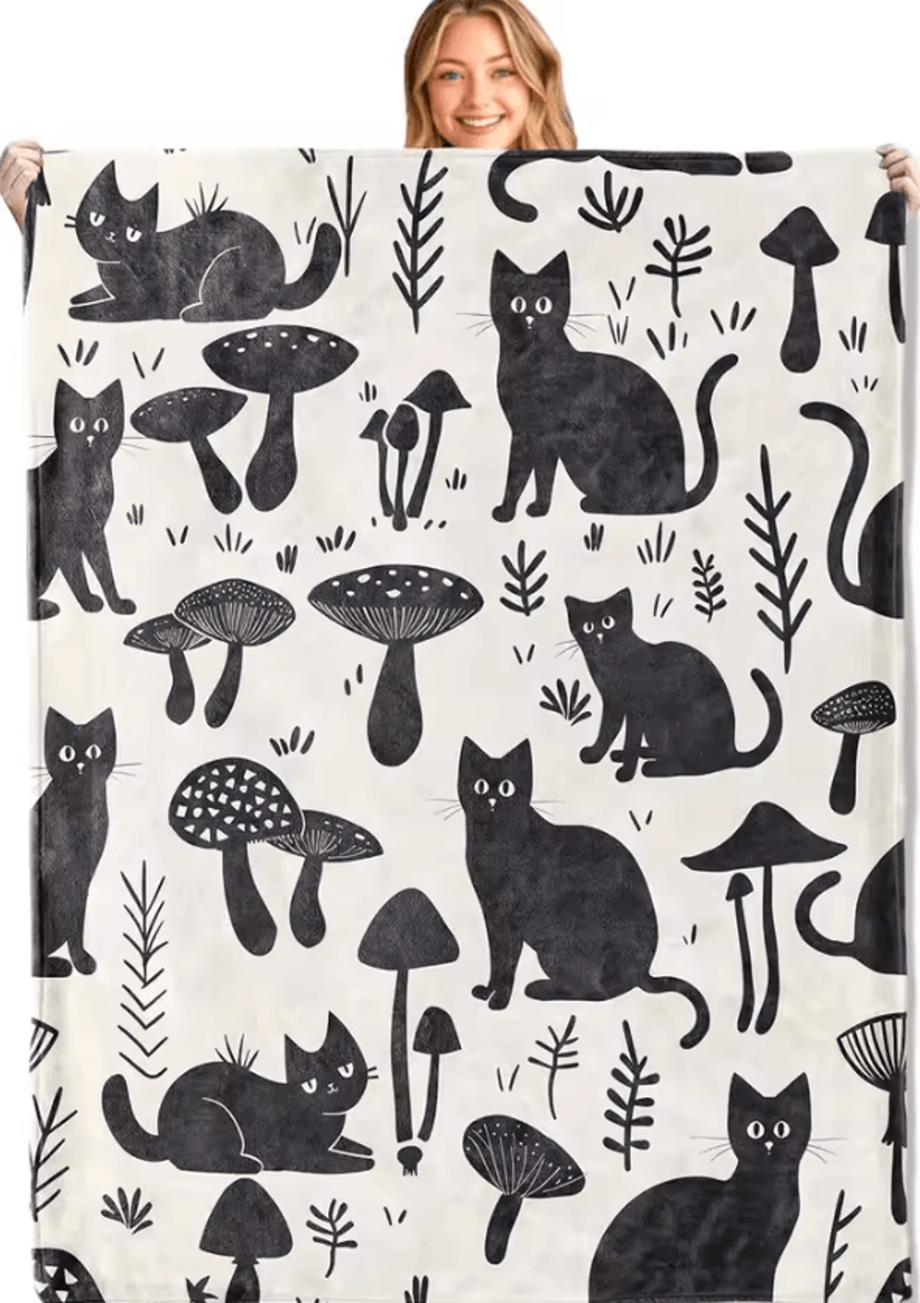 black cat and mushroom fleece throw blanket