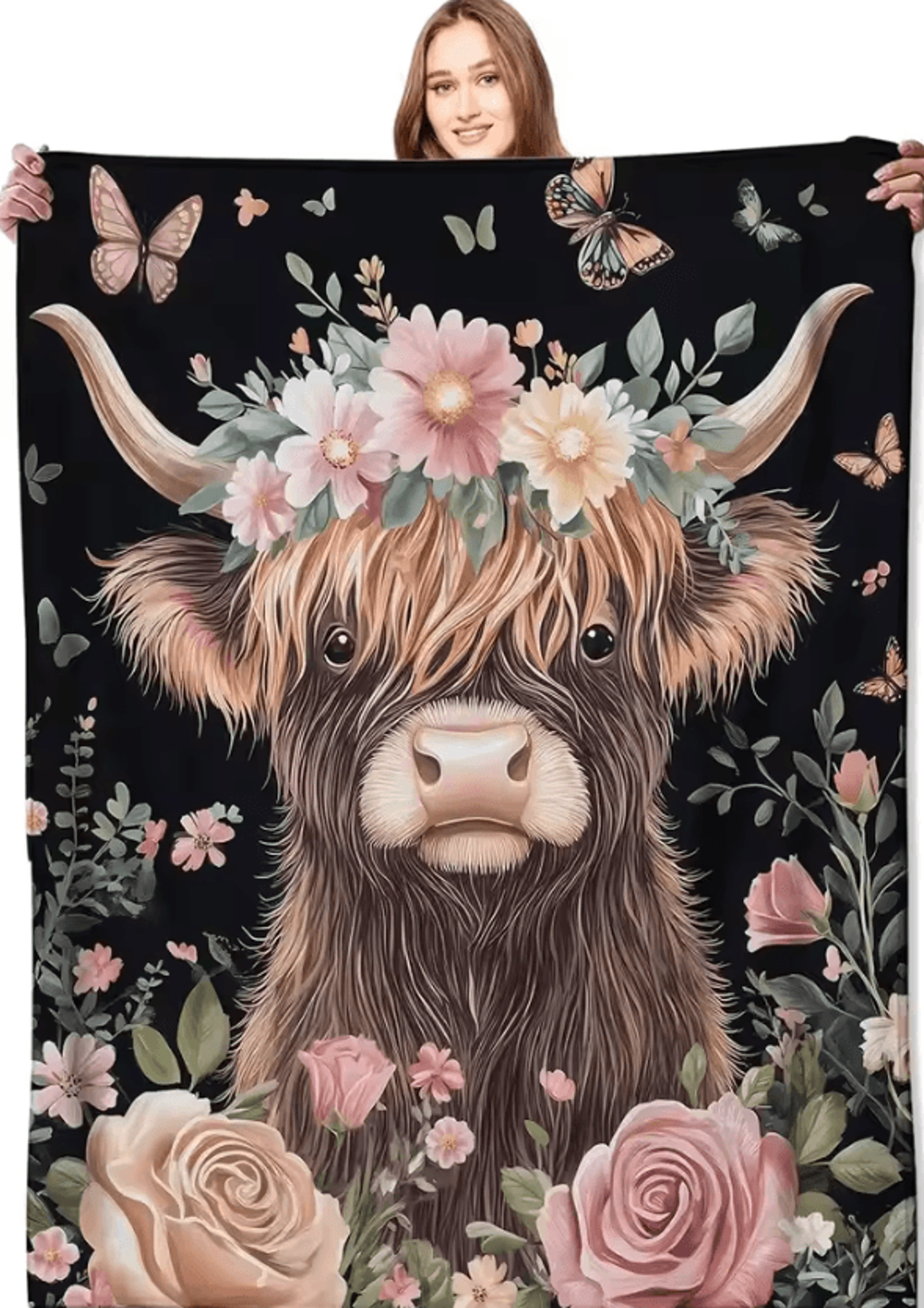 highland cow floral flannel fleece throw blanket