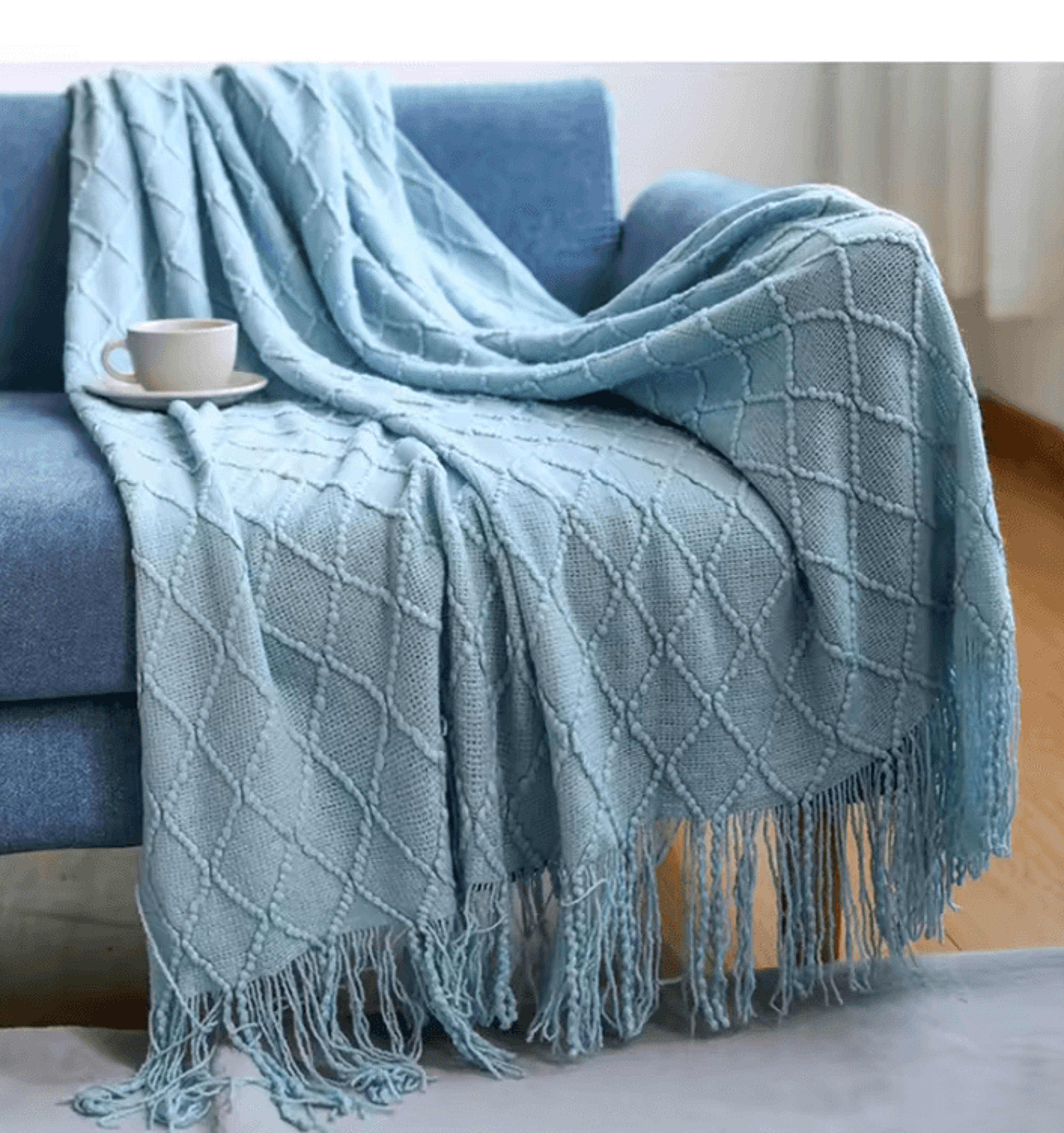 Cream White Textured Knitted Throw Blanket With Tassels 9
