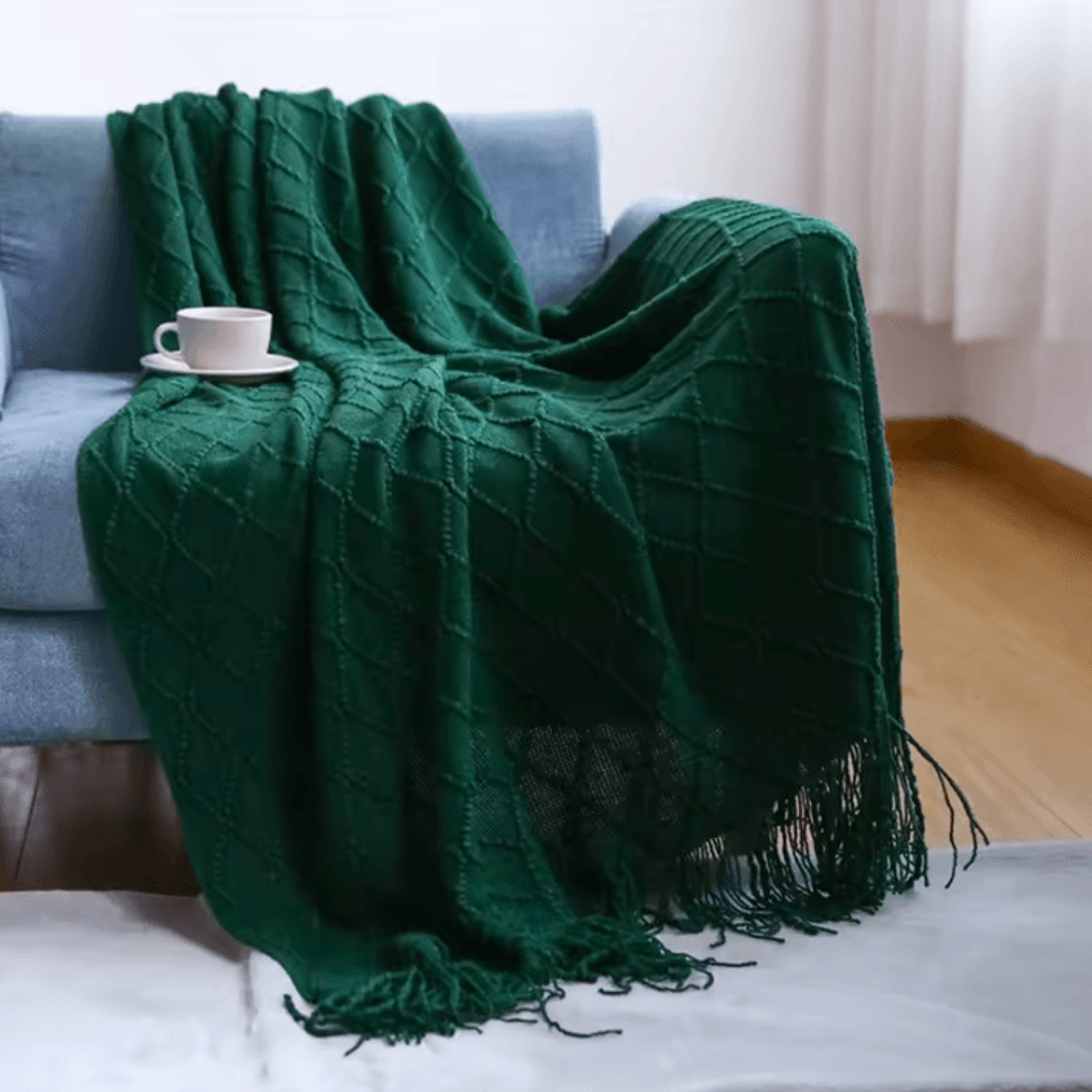 Cream White Textured Knitted Throw Blanket With Tassels 11
