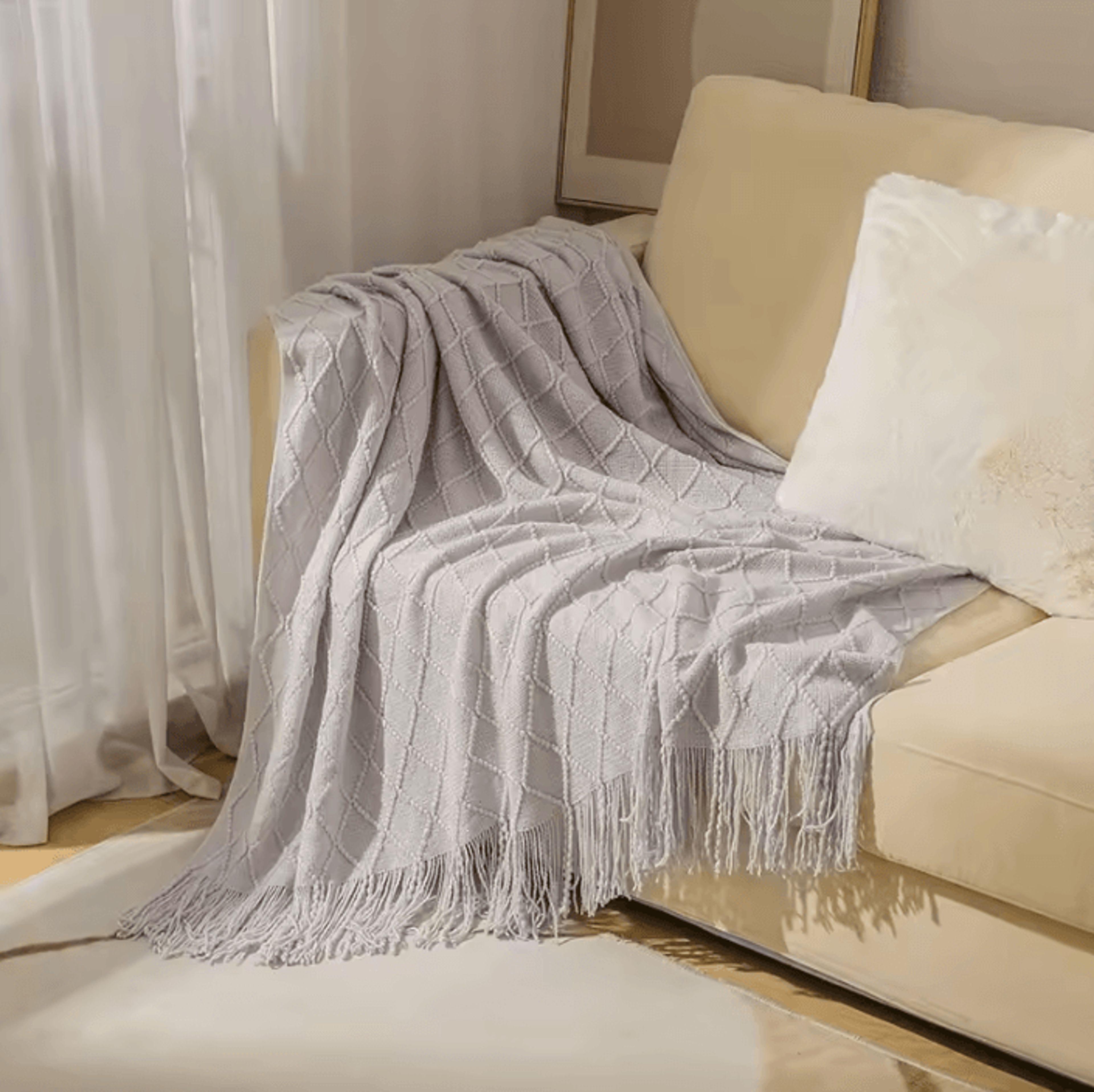 Cream White Textured Knitted Throw Blanket With Tassels 13