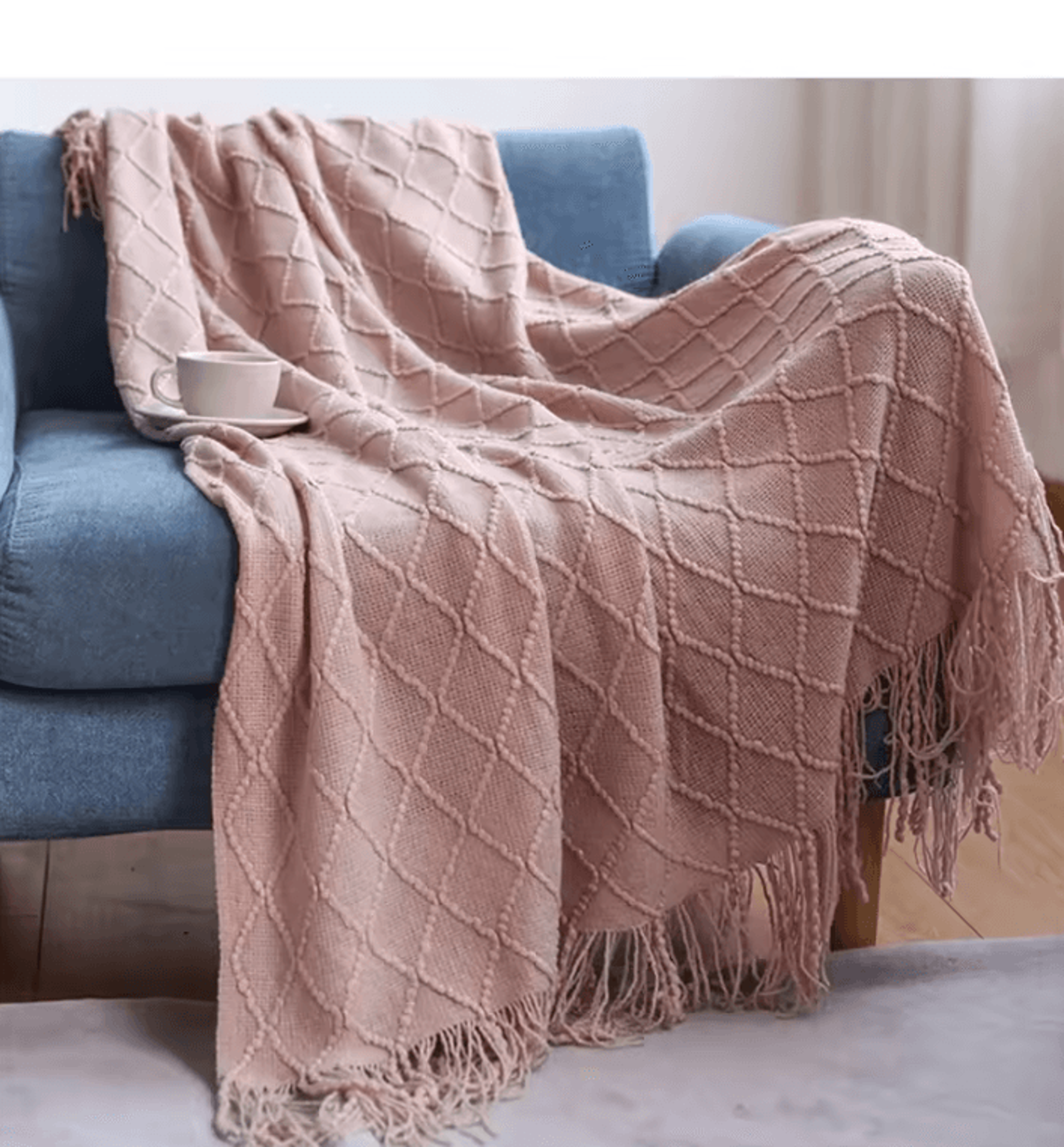 Cream White Textured Knitted Throw Blanket With Tassels 15