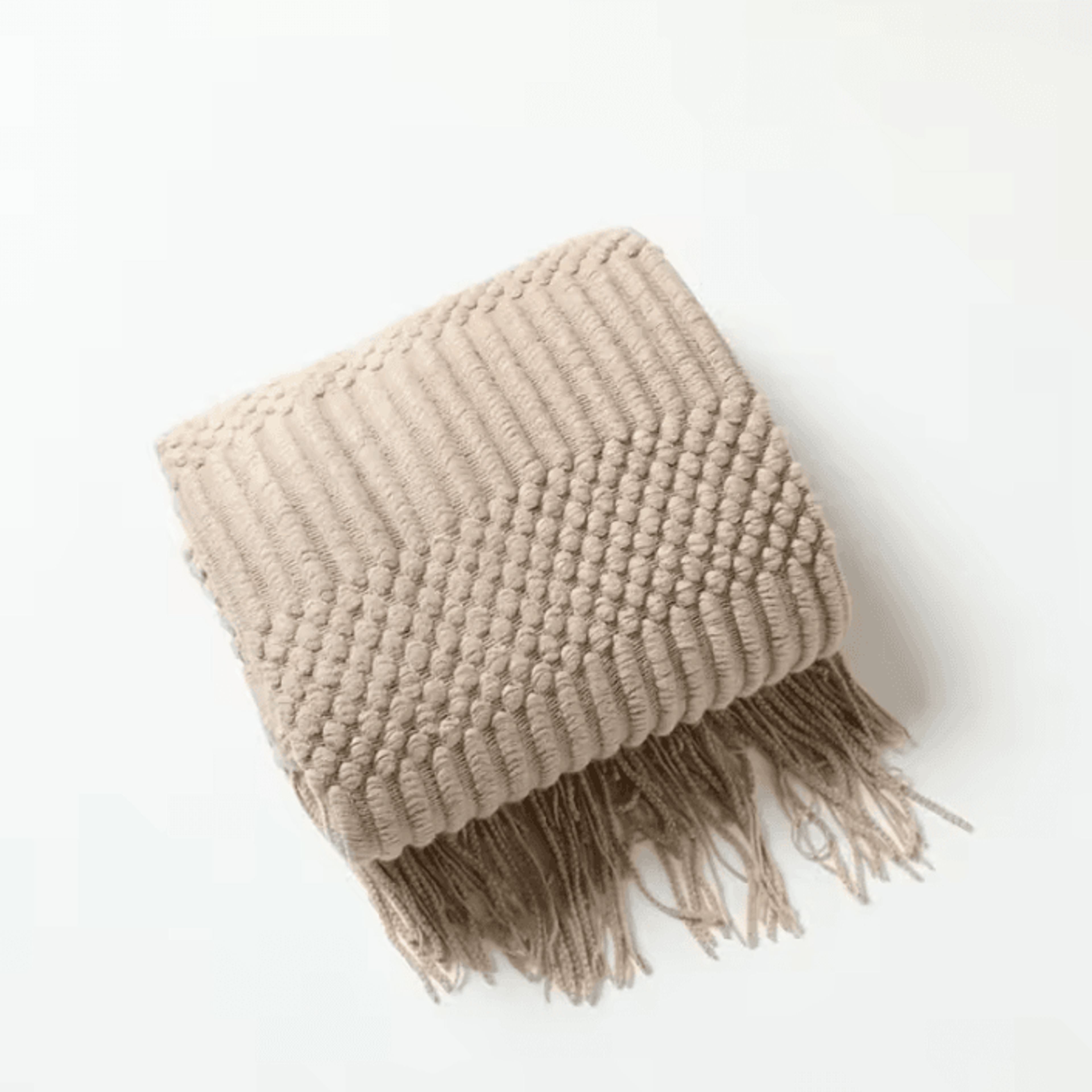 Cream White Textured Knitted Throw Blanket With Tassels 17