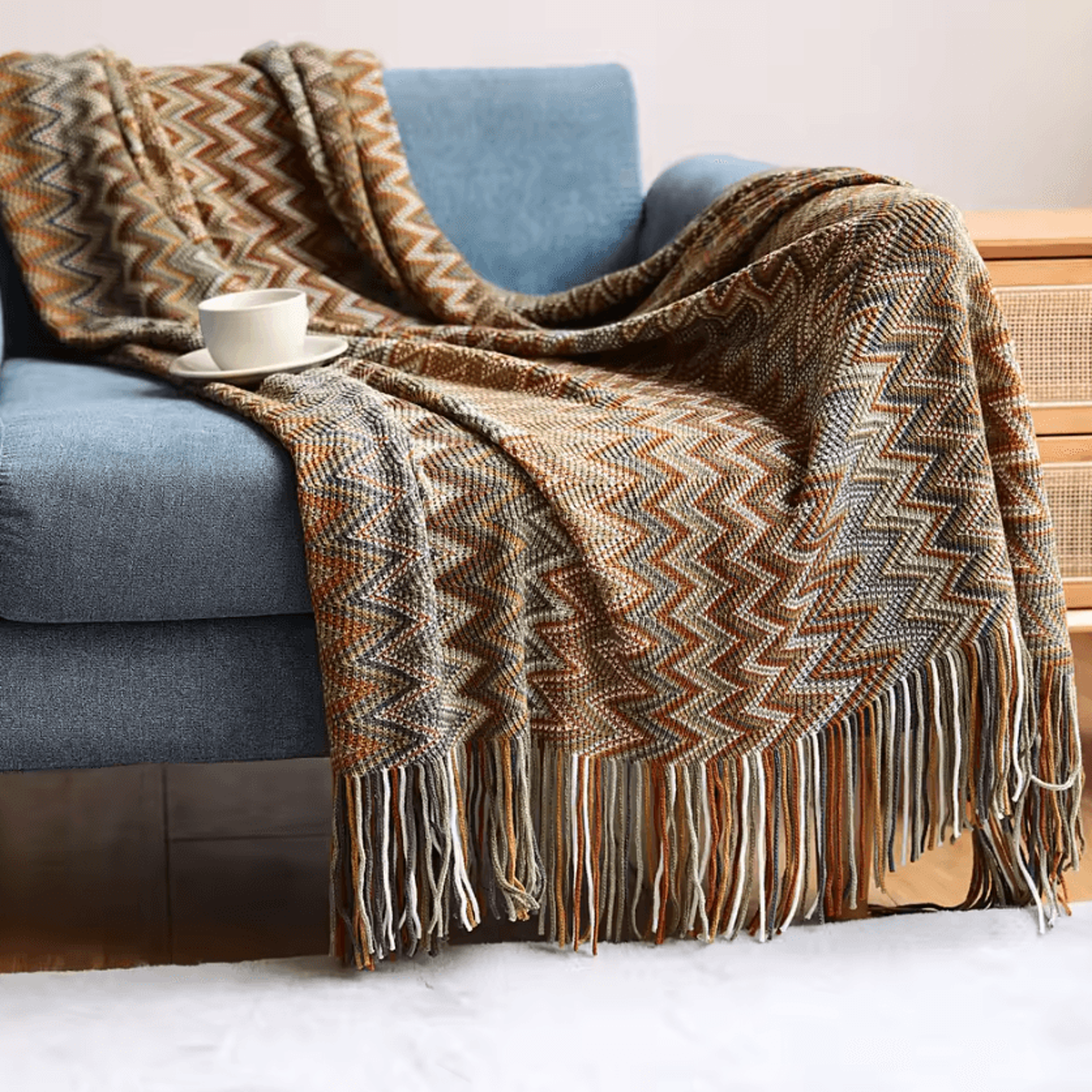 Rust Red Boho Knitted Tassel Throw Blanket 2