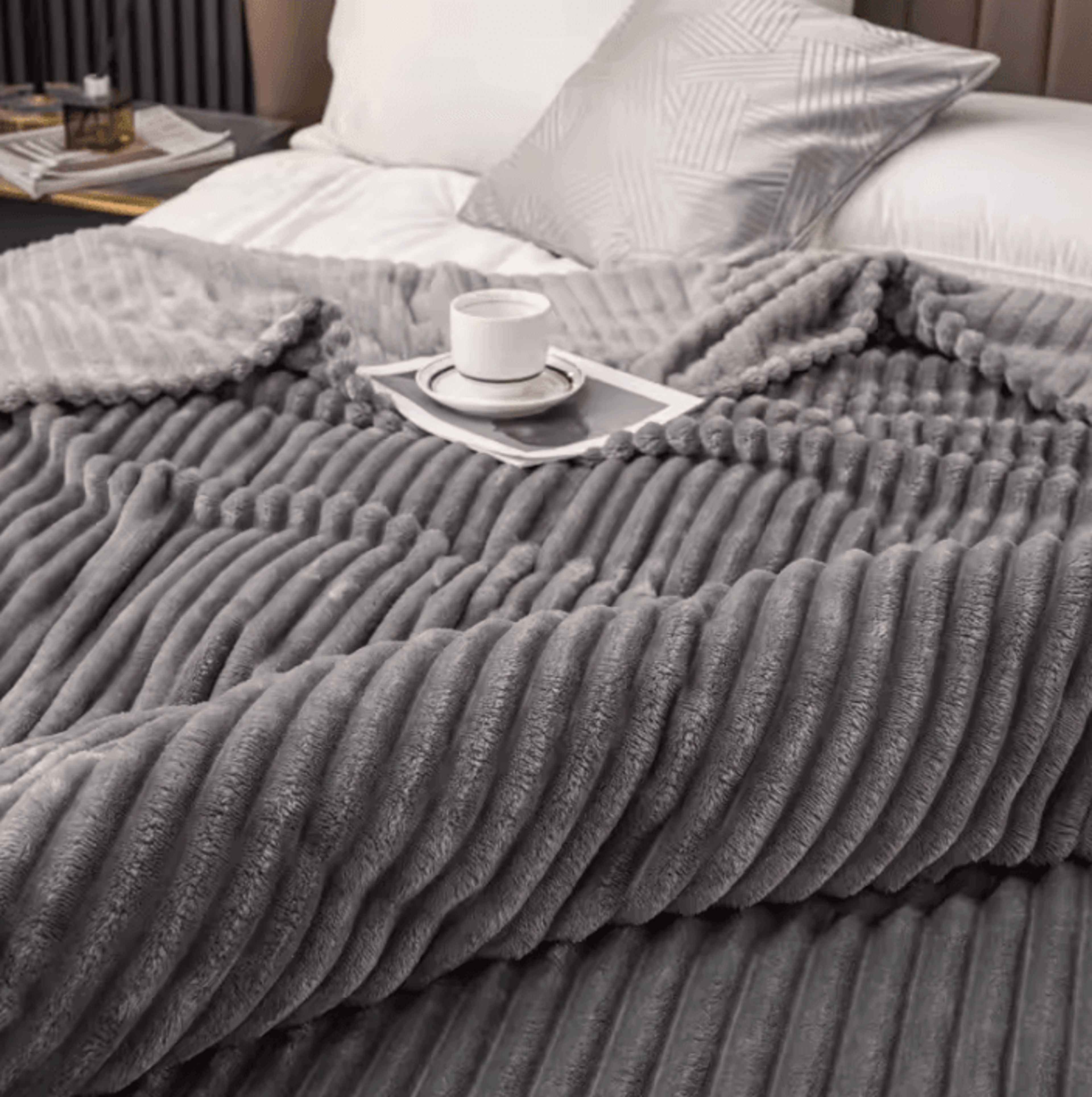 Faux Rabbit Plush Striped Throw Blanket 5