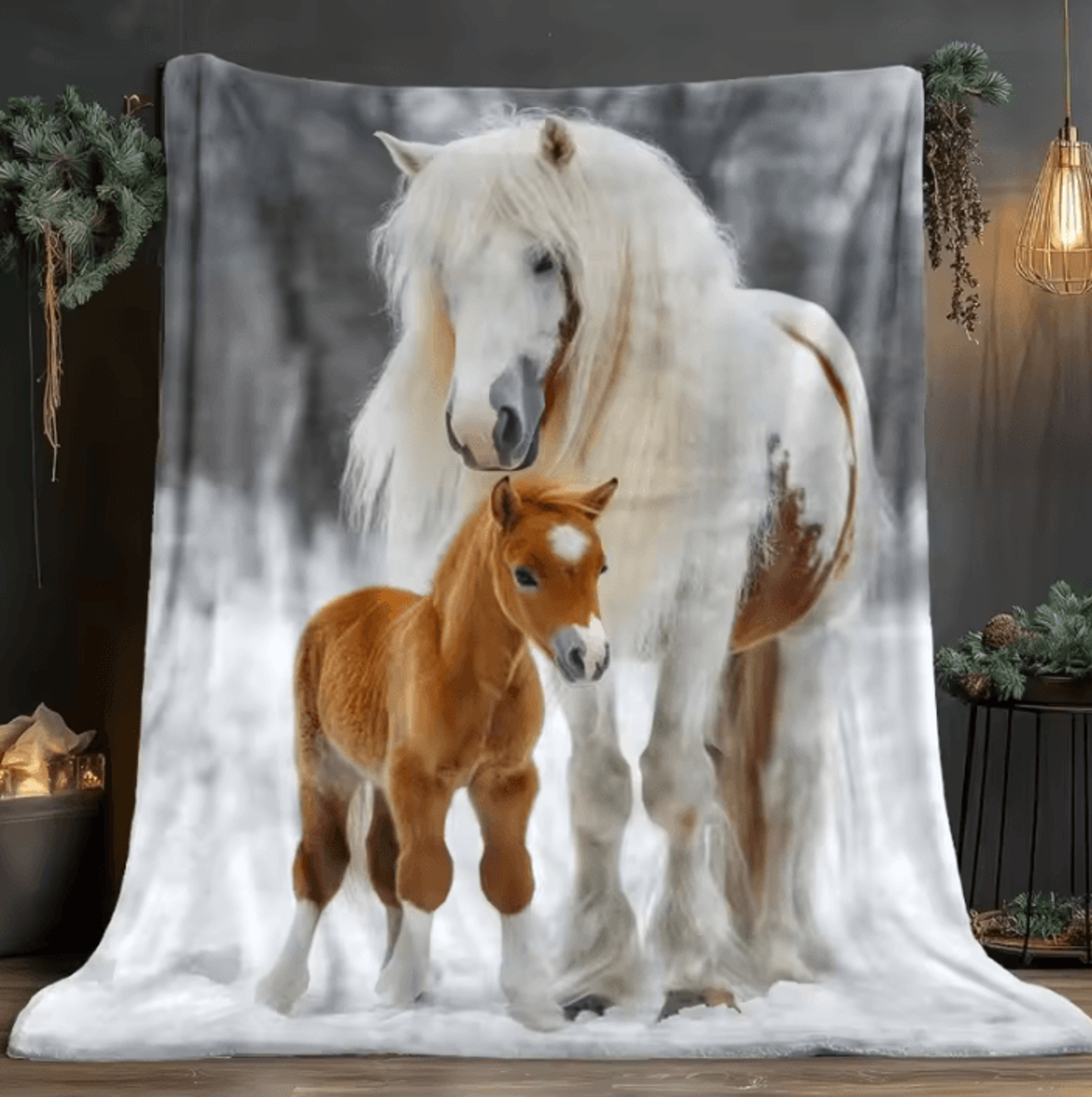 White Horse And Foal Snow Flannel Throw Blanket 1